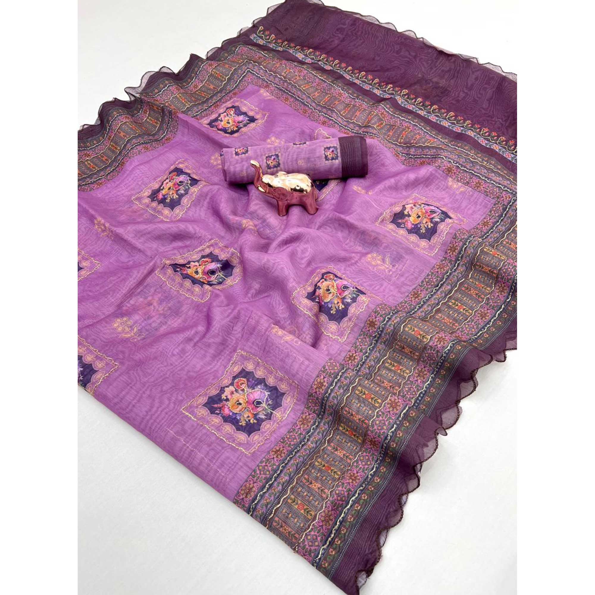 Purple Floral Printed Chanderi Cotton Embroidered Saree Perfect for Festive - Image 3