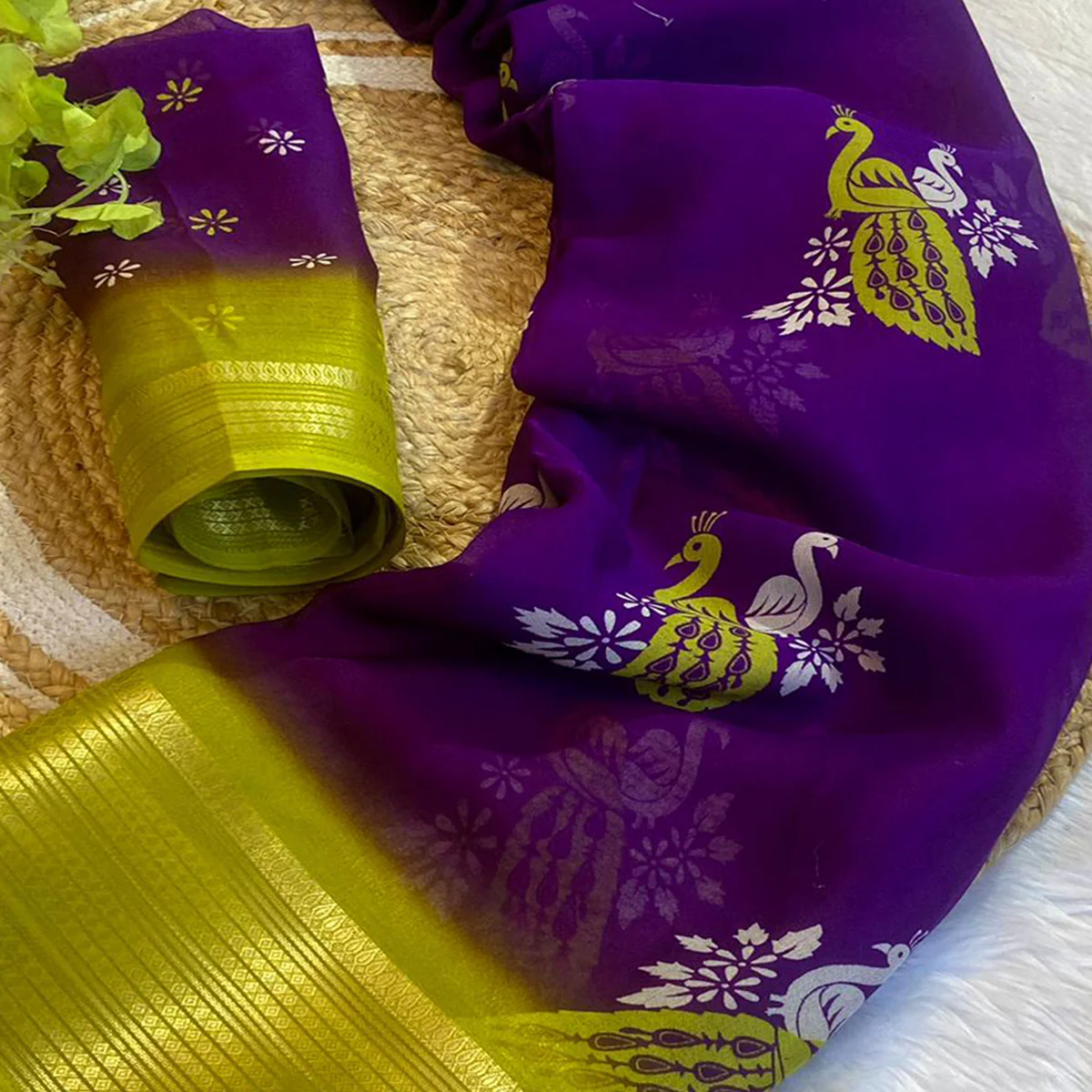 Purple Floral Printed Chiffon Saree - Image 2