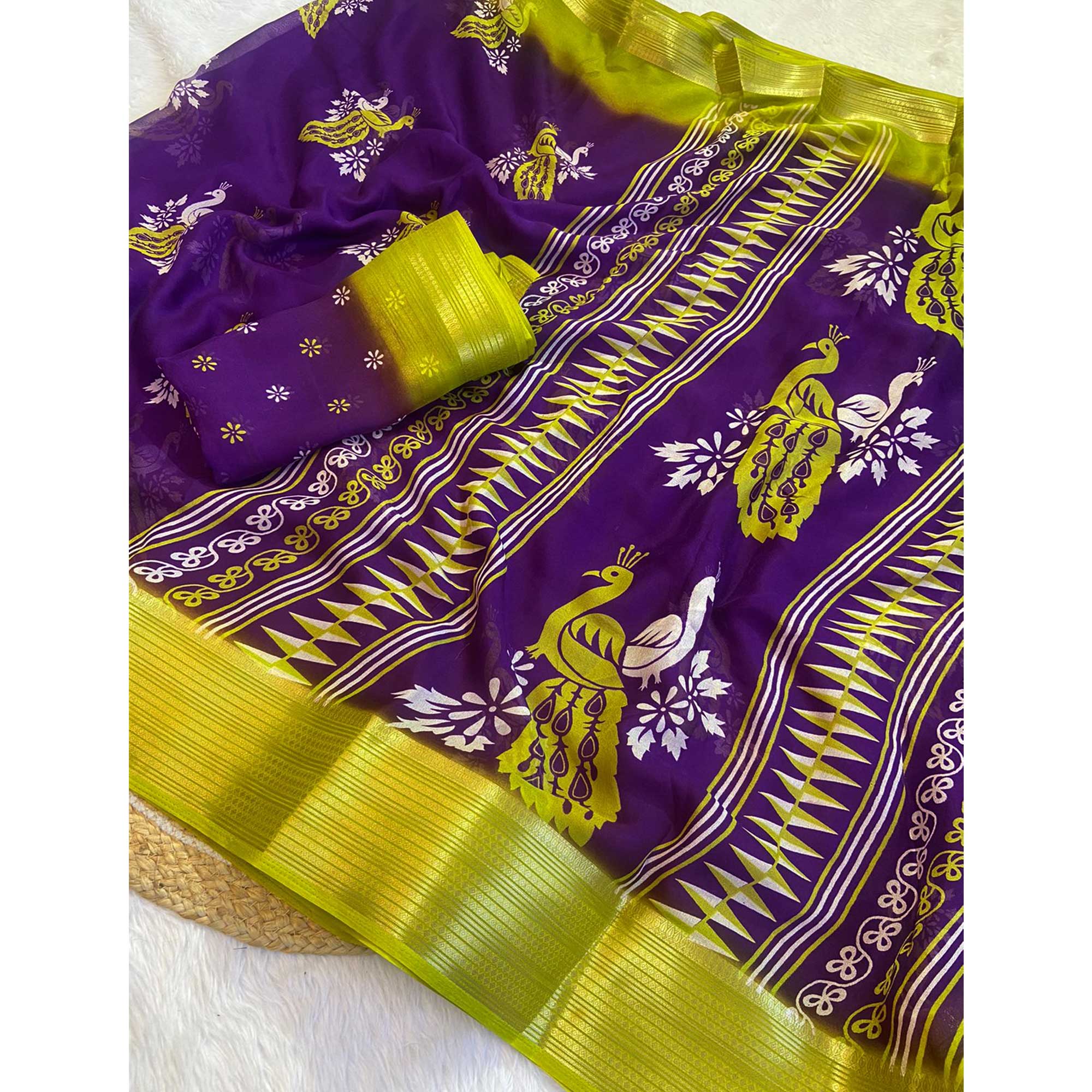 Purple Floral Printed Chiffon Saree - Image 4