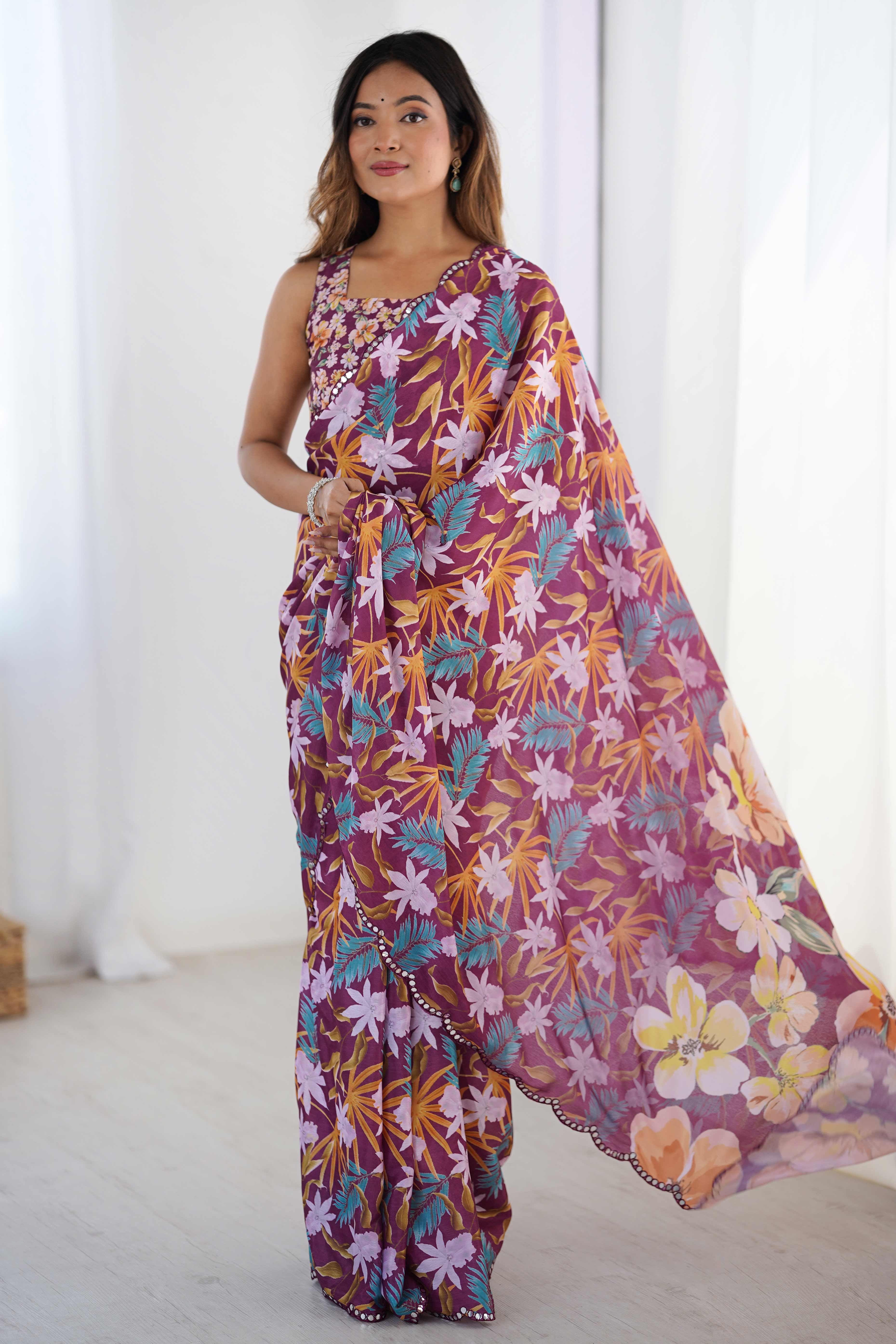 Purple Floral Printed Chinon Saree with Shimmering Mirror Detailing - Image 3
