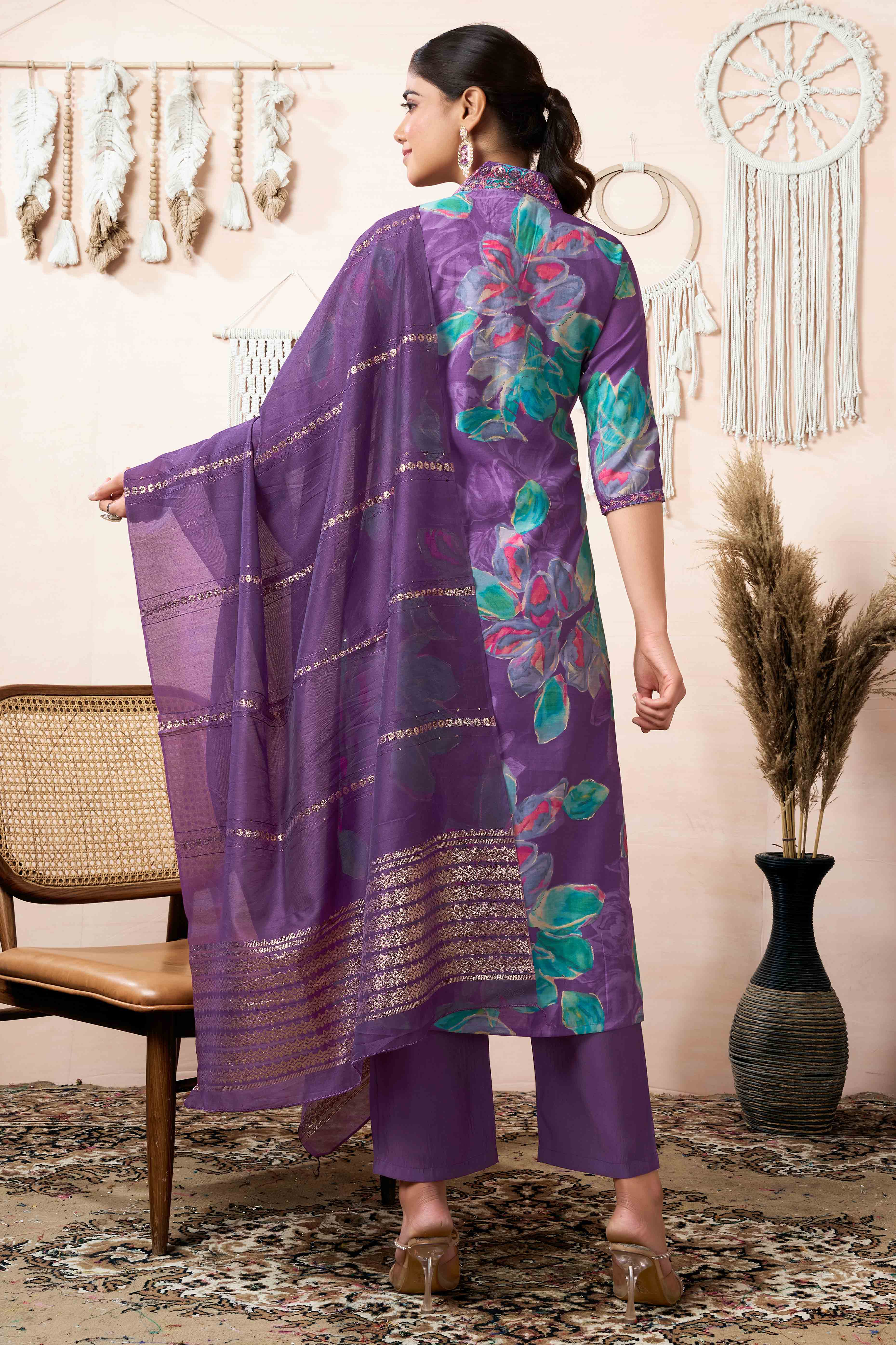 Purple Floral Printed Cotton Silk Straight Salwar Suit - Image 4