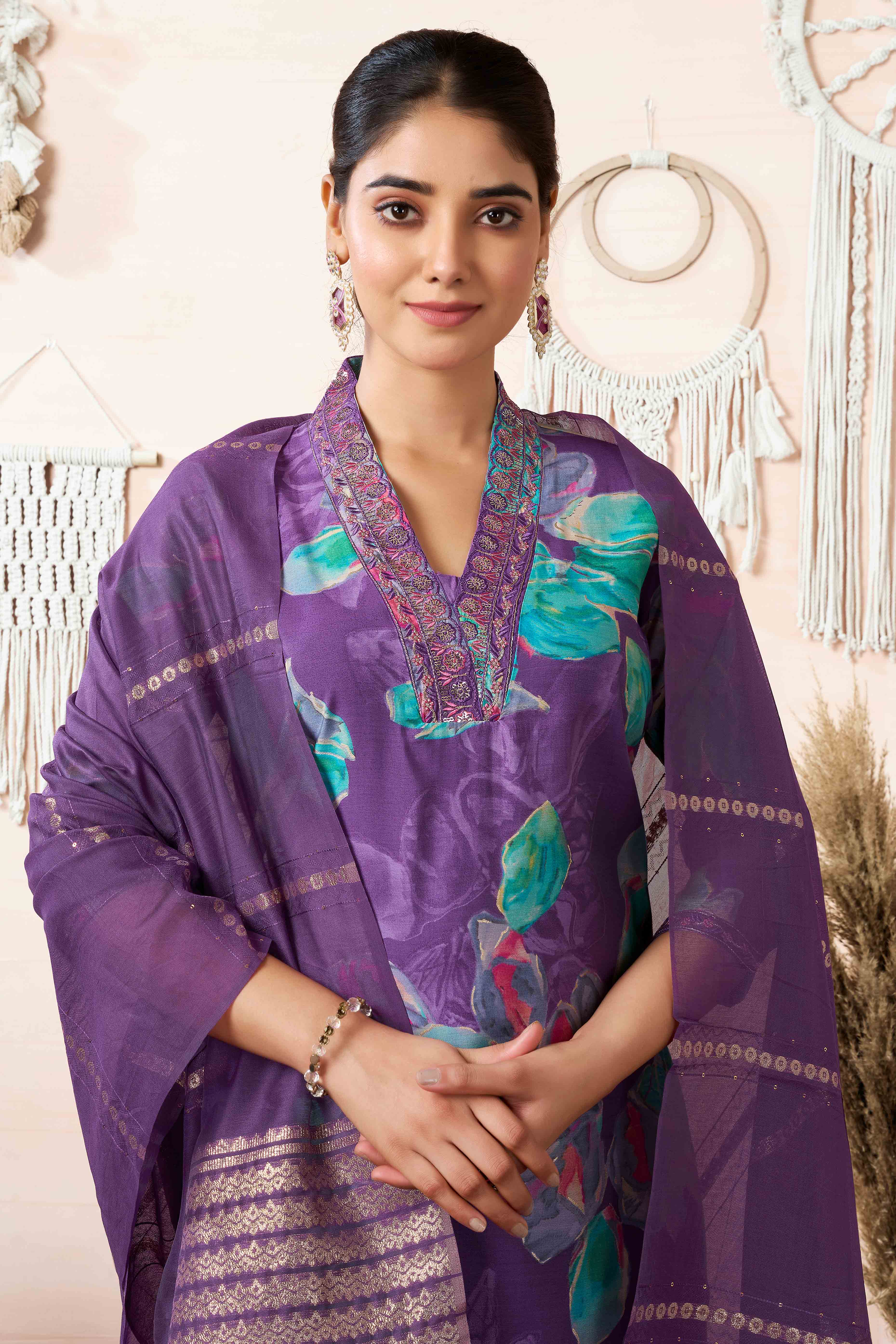 Purple Floral Printed Cotton Silk Straight Salwar Suit - Image 5
