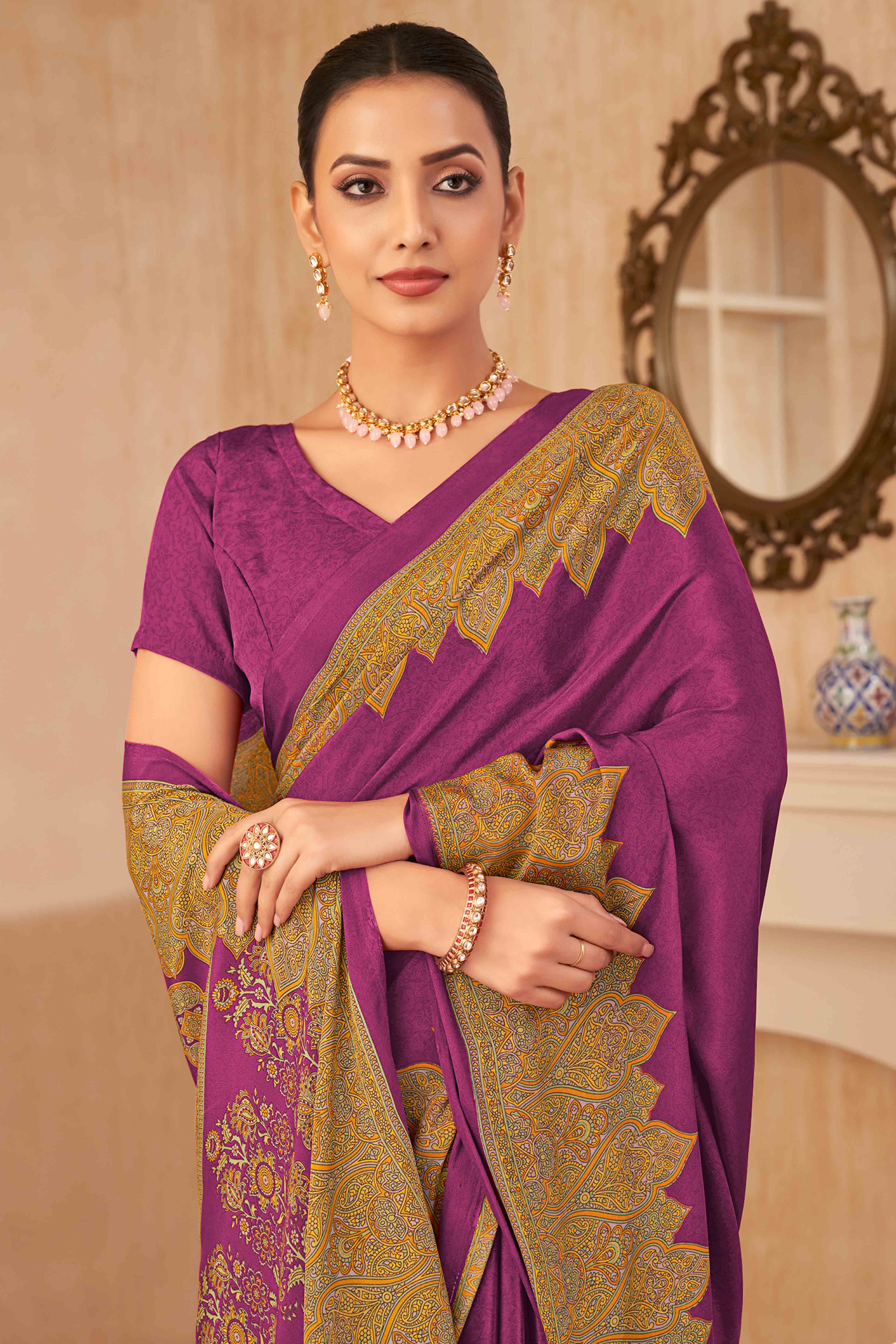Purple Floral Printed Crepe Silk Saree - Image 3