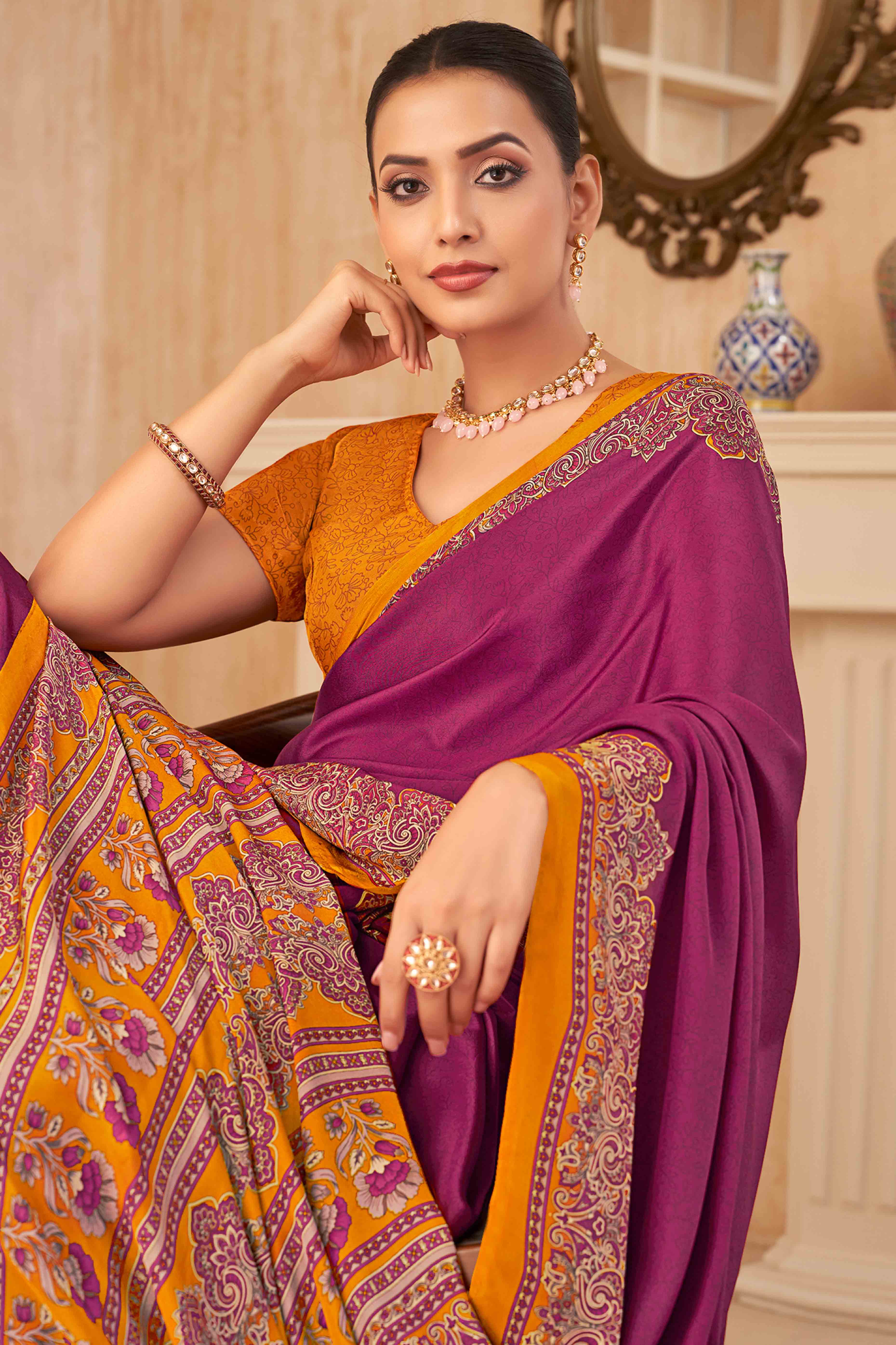 Purple Floral Printed Crepe Silk Saree - Image 3