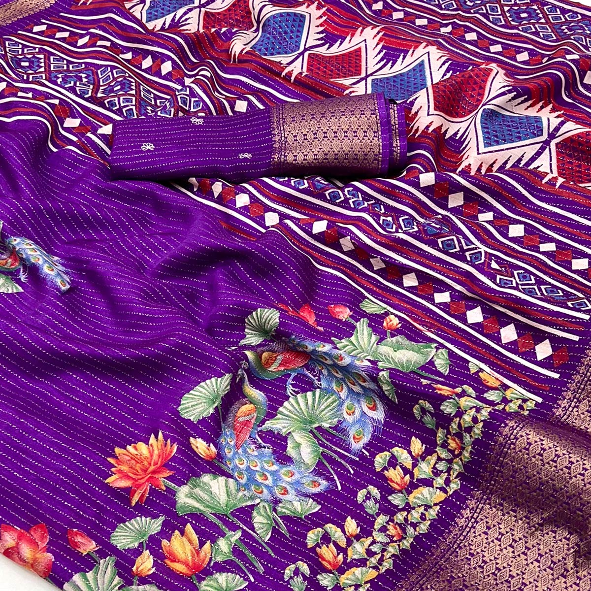 Purple Floral Printed Dola Silk Saree With Jacquard Border - Image 2