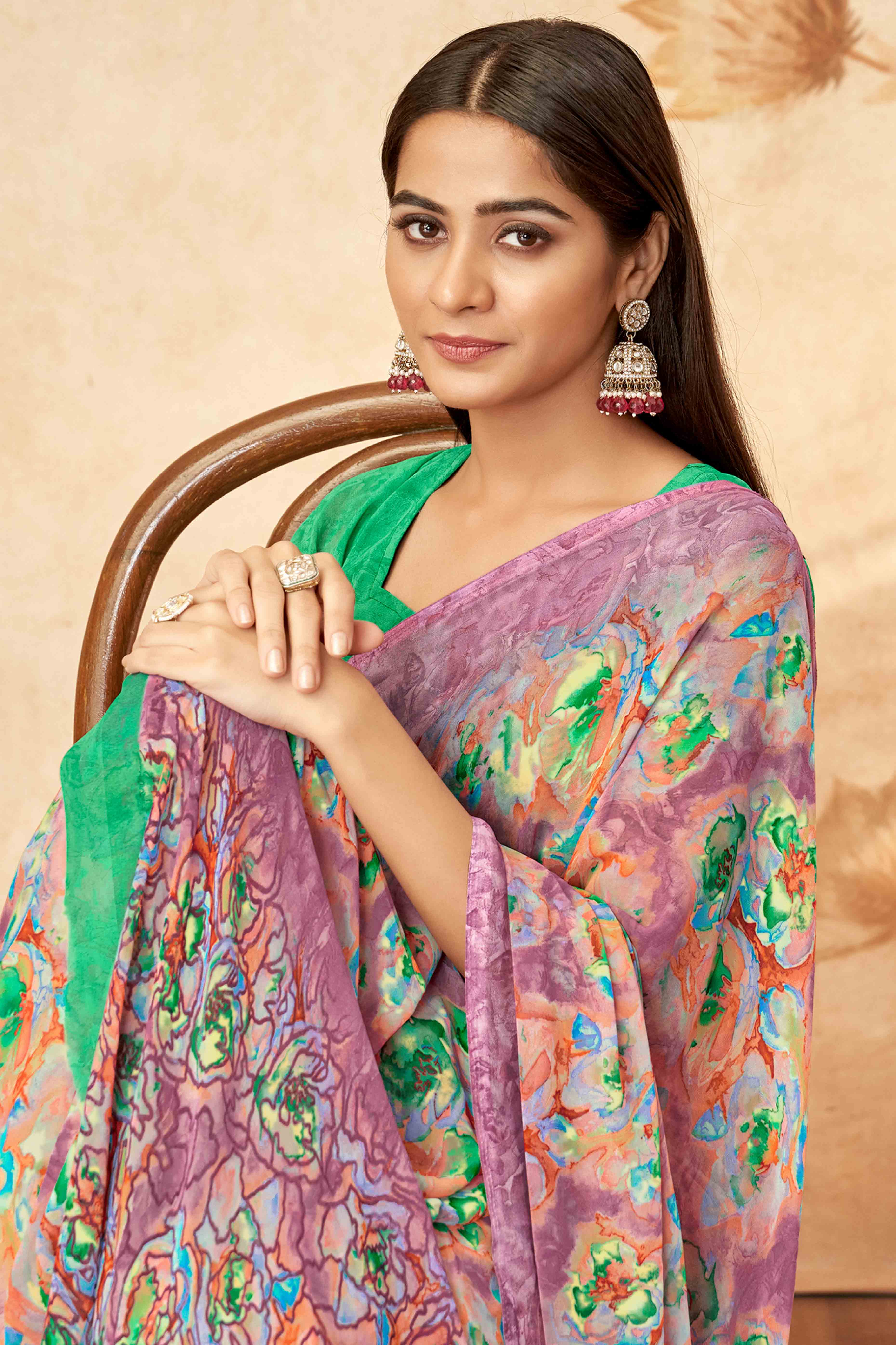 Purple Floral Printed Georgette Saree - Image 3