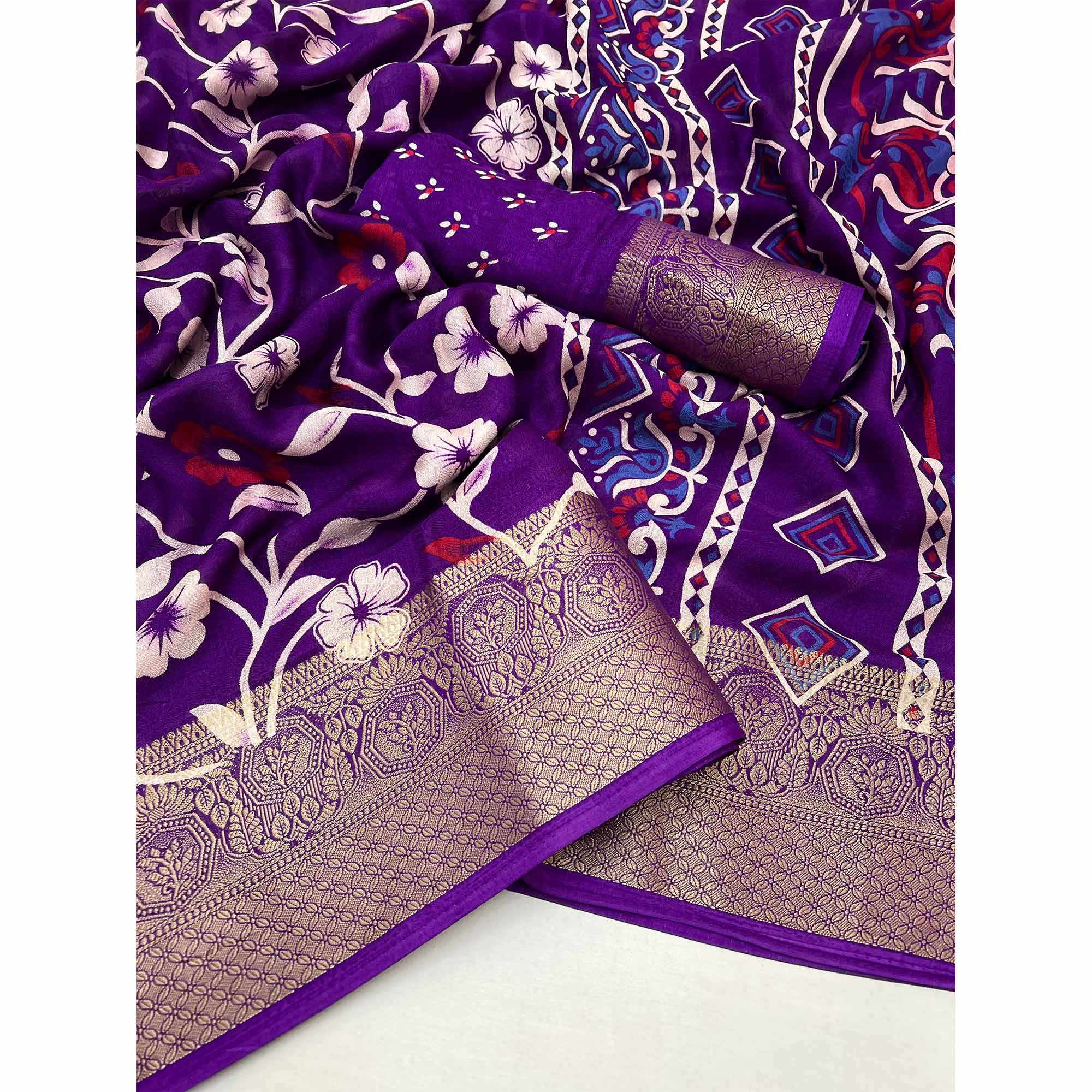 Purple Floral Printed Georgette Saree With Woven Border - Image 3