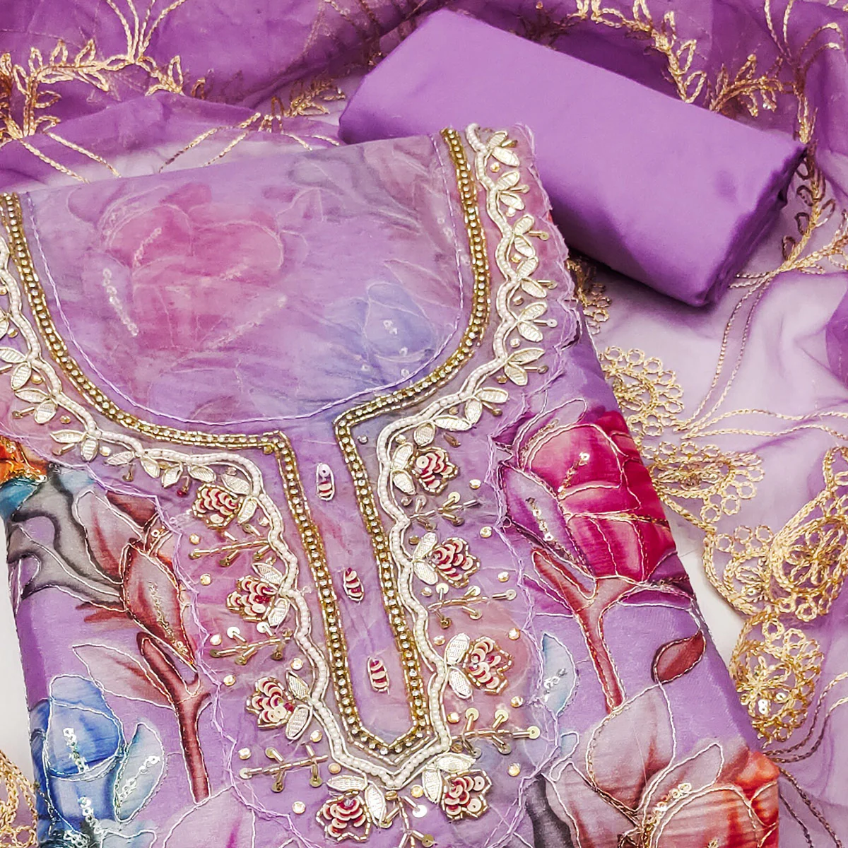 Purple Floral Printed Organza Suit Fabric Adorned with Delicate Hand Beads Work - Image 2