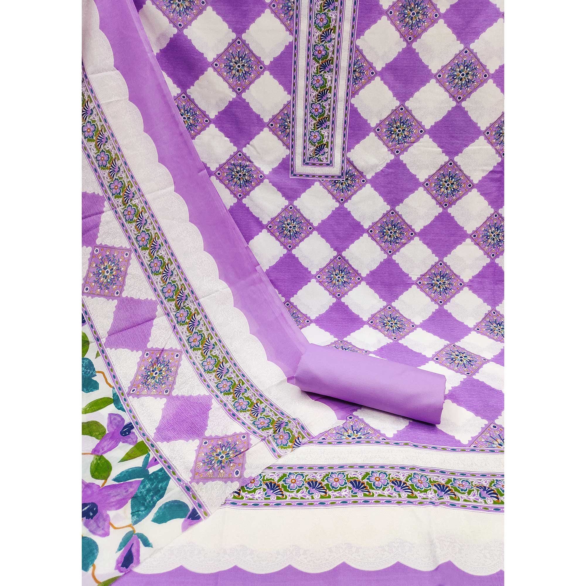Purple Floral Printed Pure Cotton Dress Material - Image 3