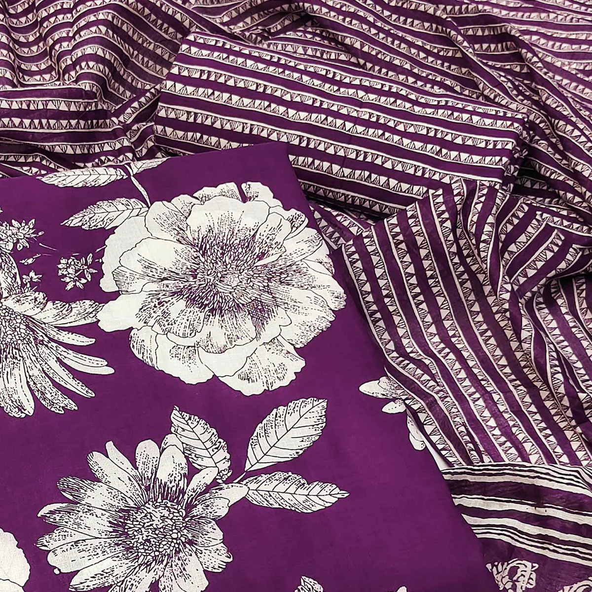 Purple Floral Printed Pure Cotton Dress Material - Image 2