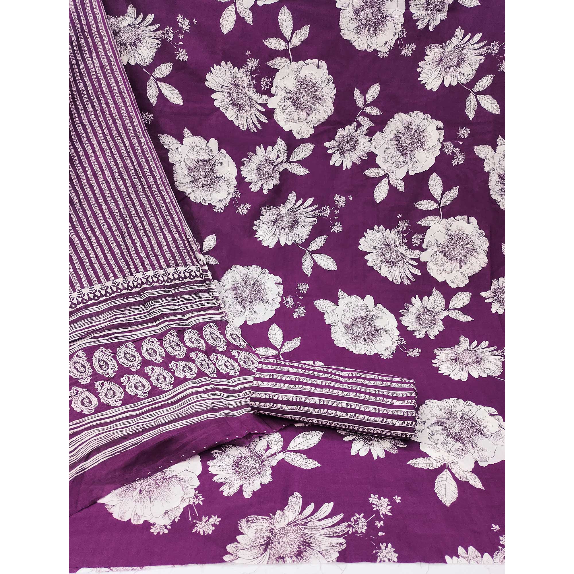 Purple Floral Printed Pure Cotton Dress Material - Image 3