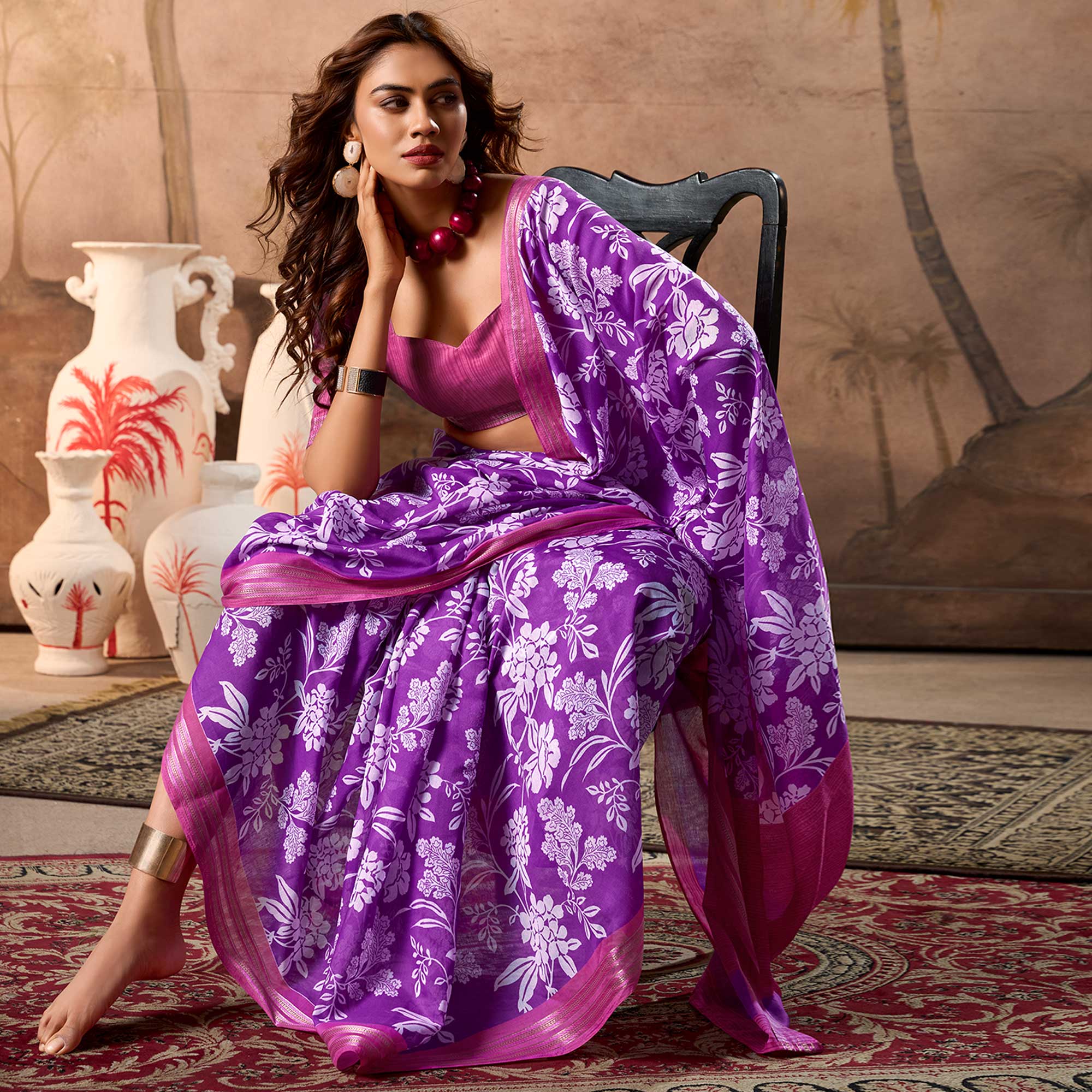 Purple Floral Printed Pure Cotton Saree - Image 3