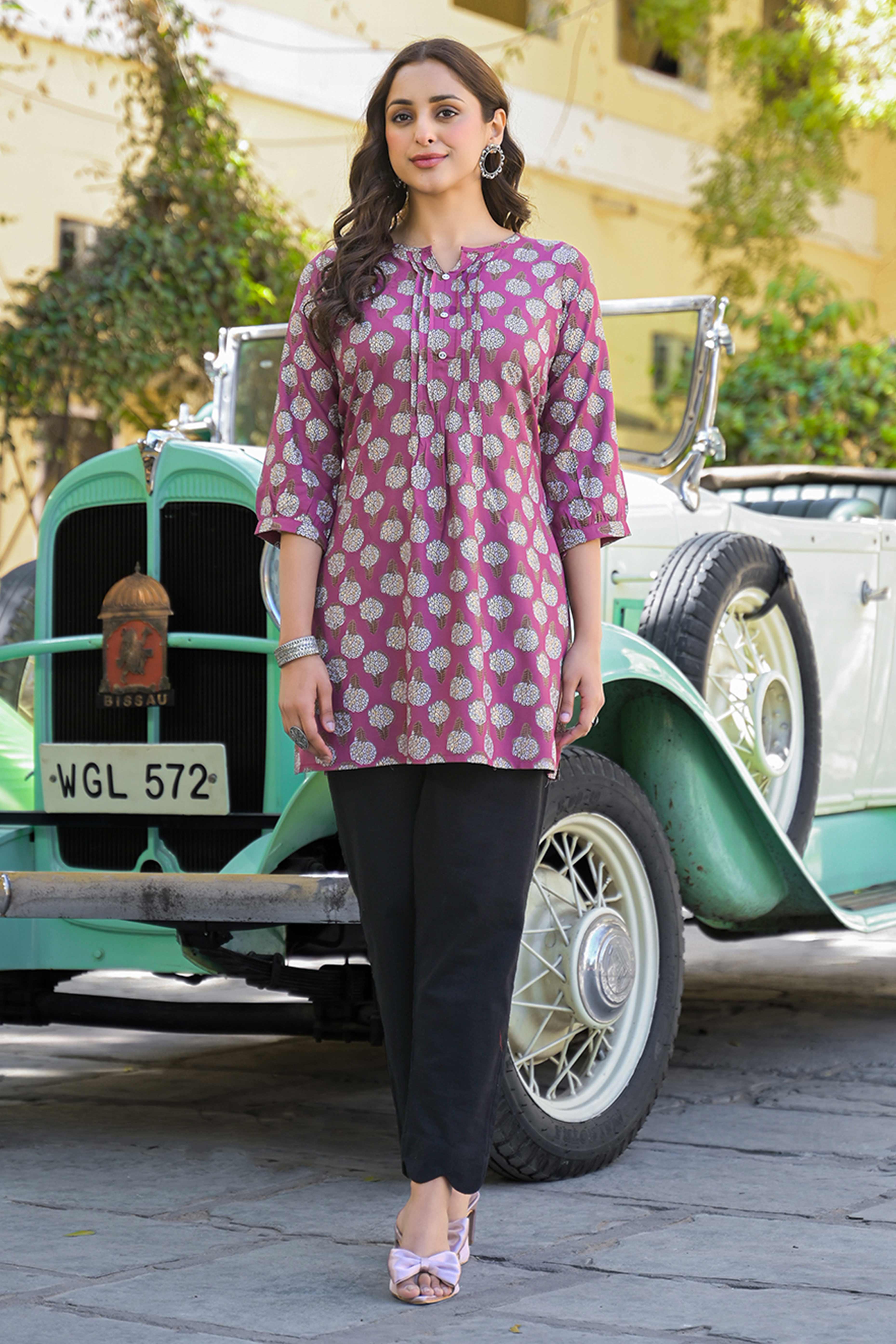 Purple Floral Printed Rayon Straight Top - Image 5