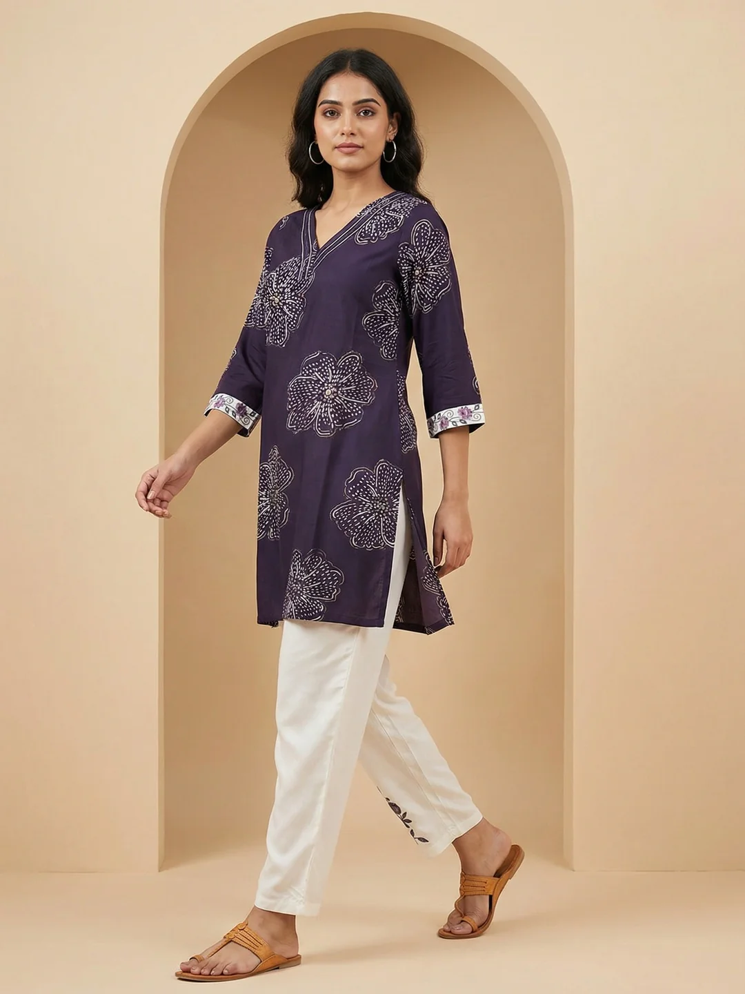 Purple Floral Printed Rayon Top and Bottom Set Featuring Soft Fabric and Straight Fit Silhouette - Image 4