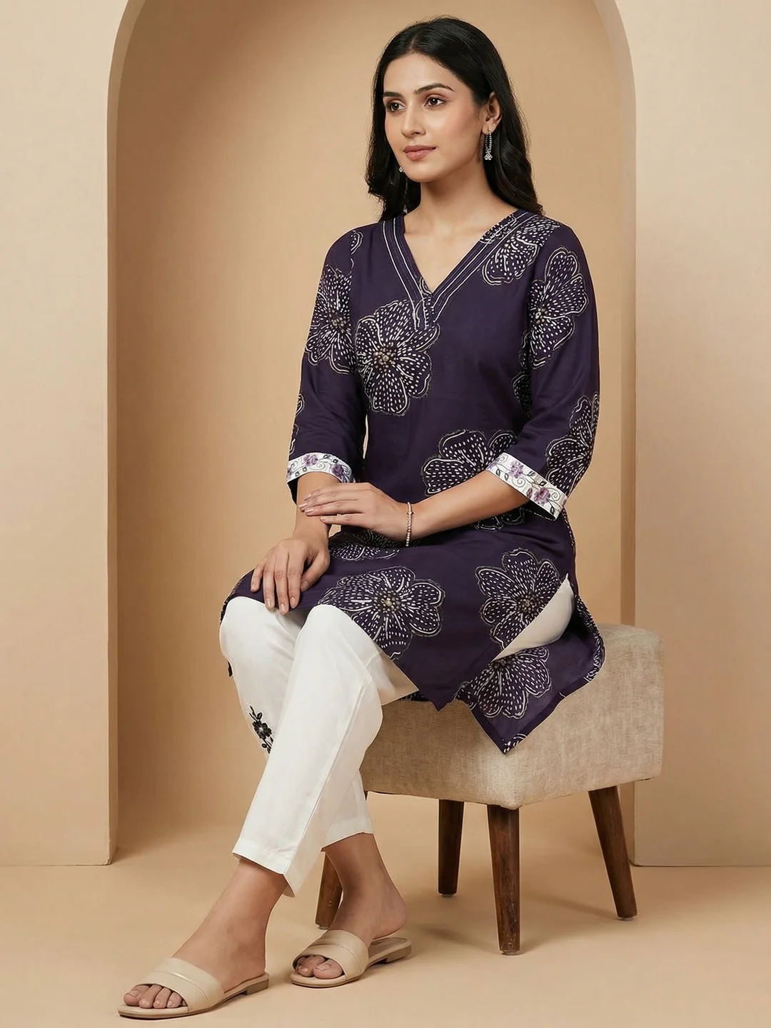 Purple Floral Printed Rayon Top and Bottom Set Featuring Soft Fabric and Straight Fit Silhouette - Image 5