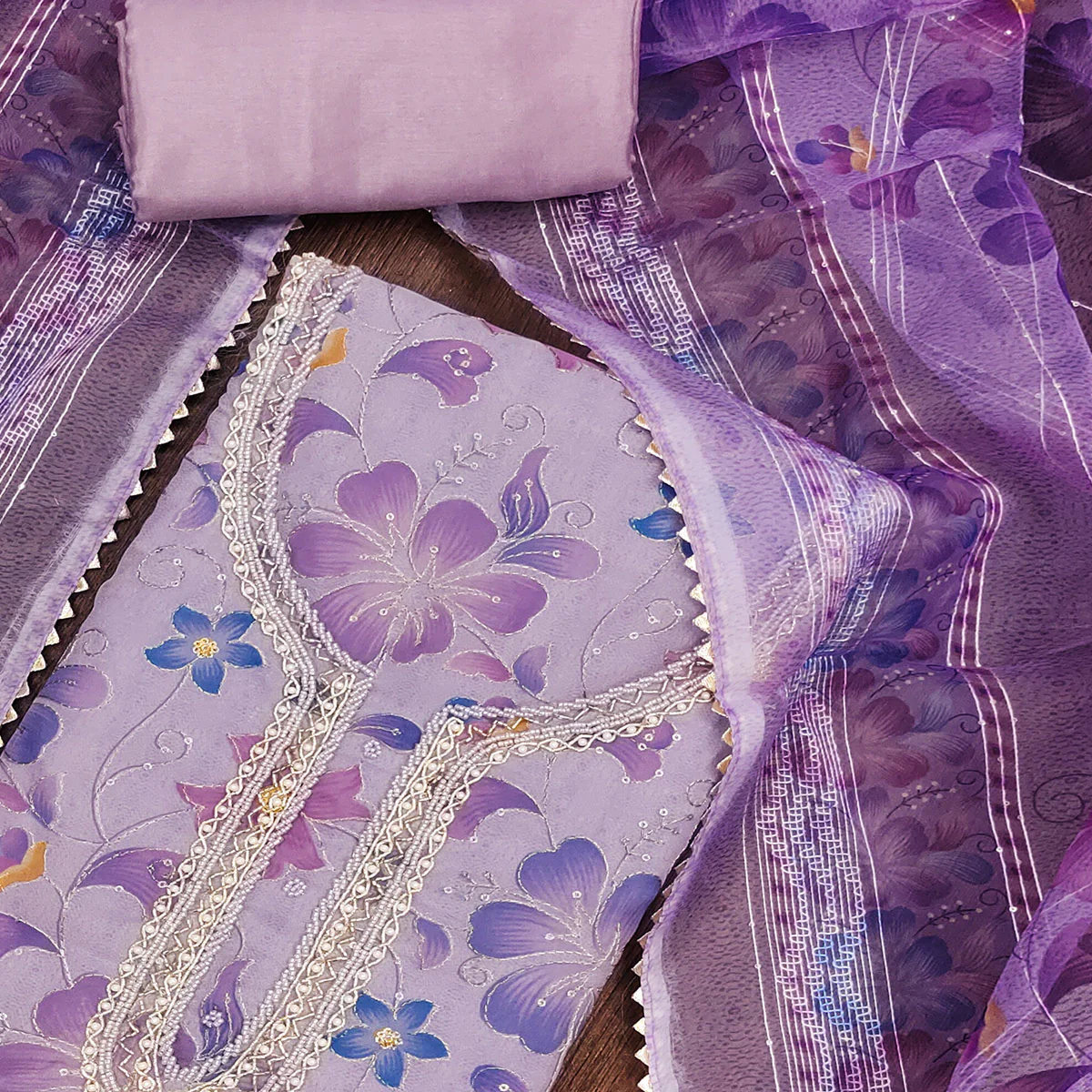 Purple Floral Printed With Sequins Hand Embroidered Organza Dress Material - Image 2