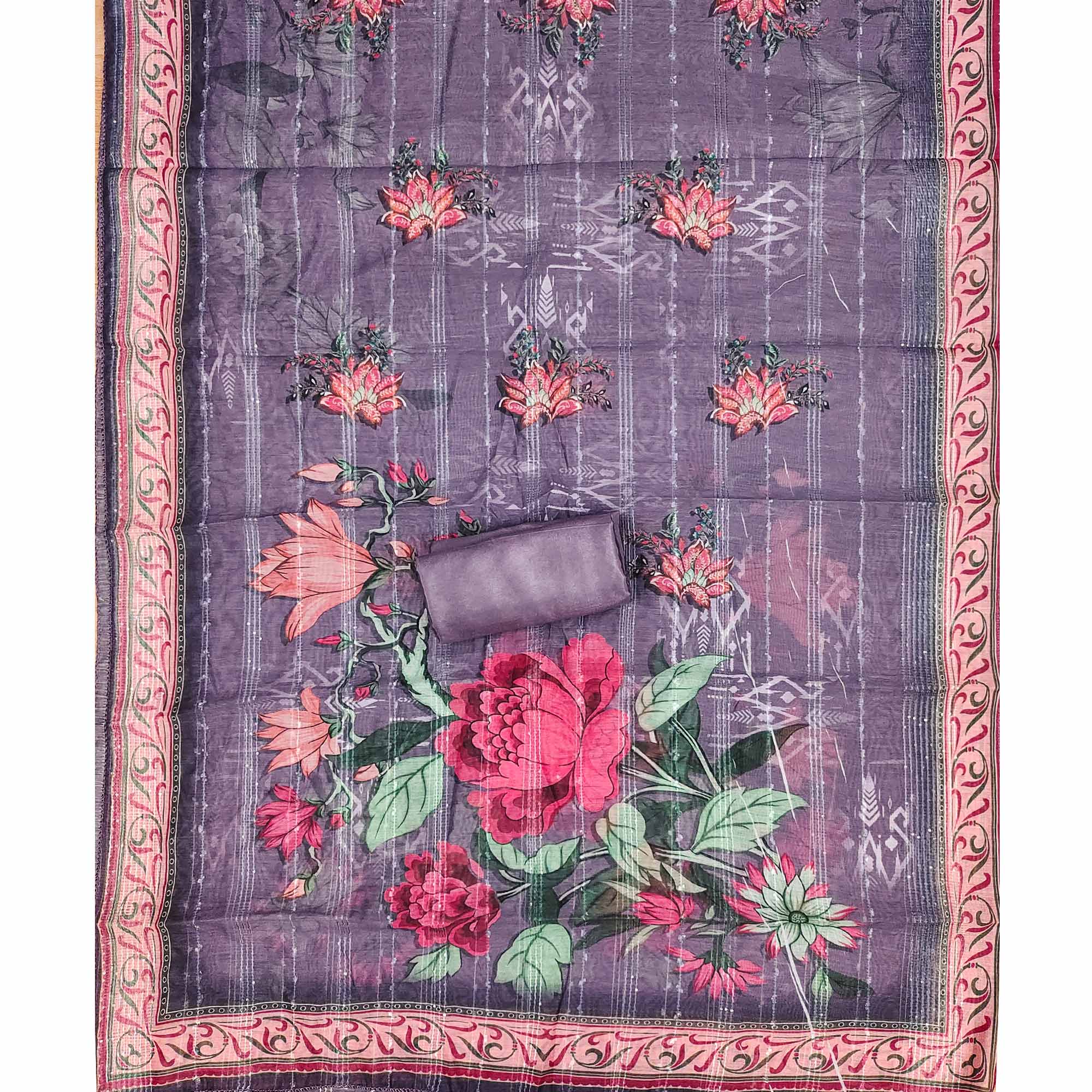 Purple Floral Sequins Embroidered Art Silk Dress Material - Image 5