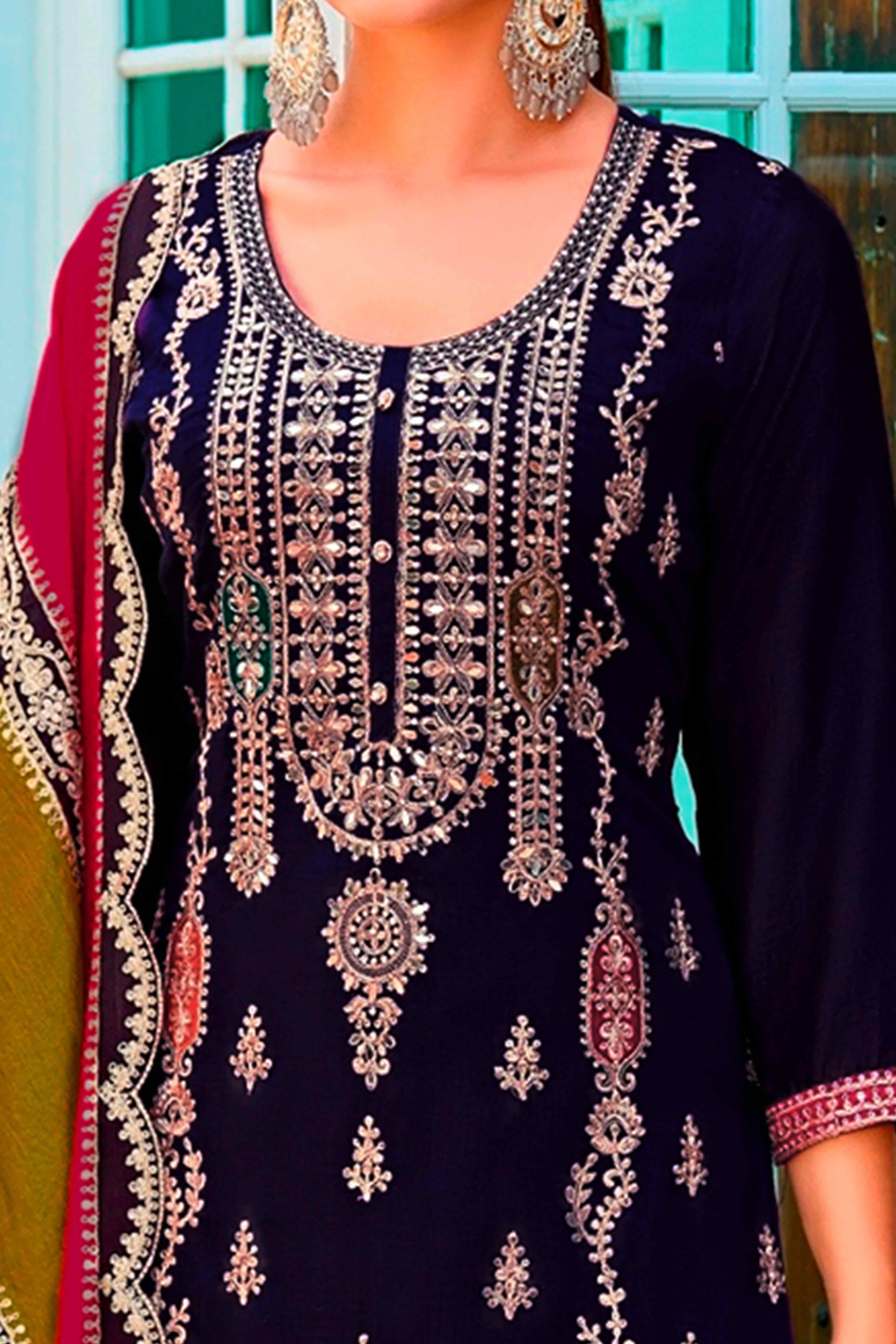Purple Floral Sequins Embroidered Chinon Semi Stitched Palazzo Suit - Image 2