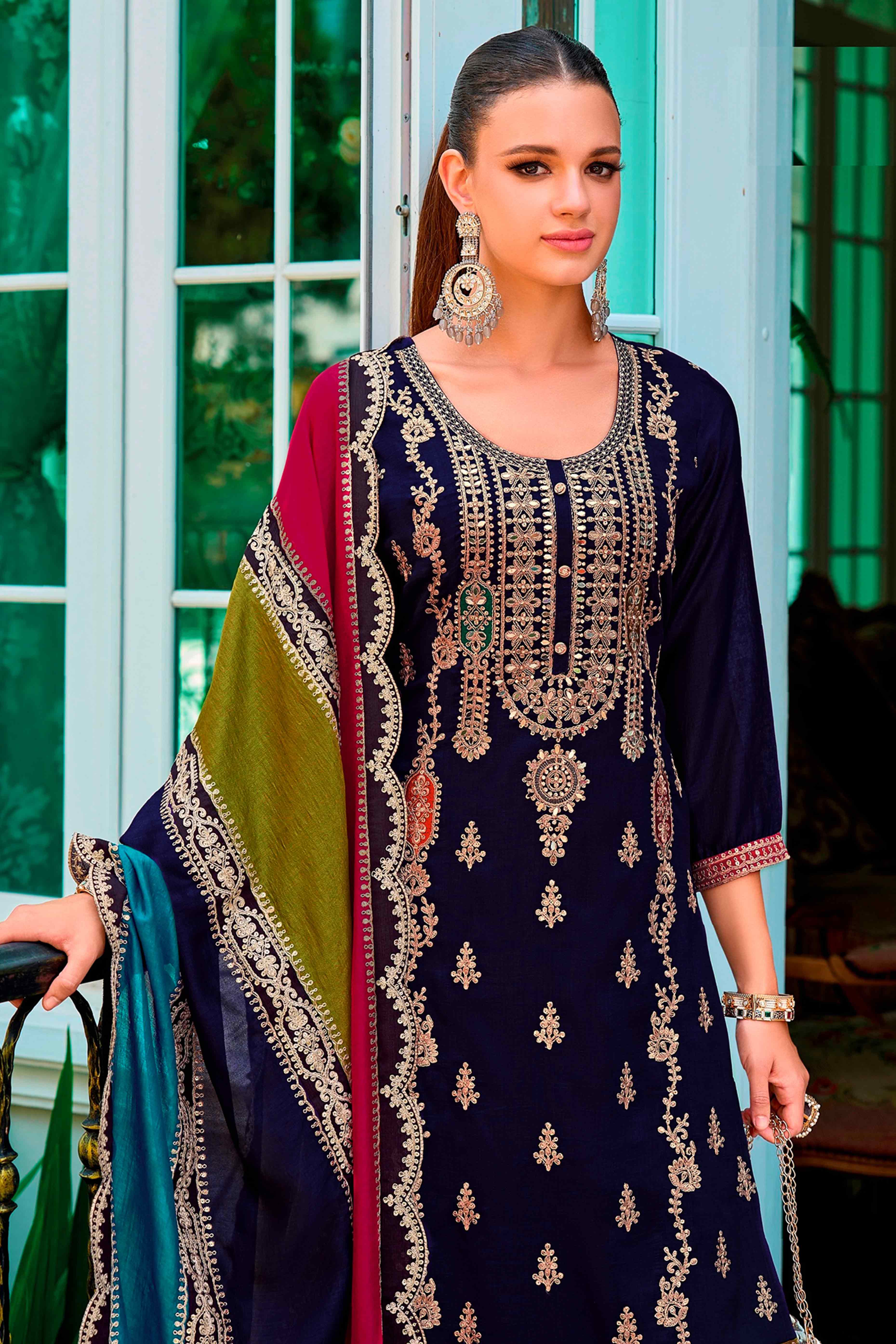 Purple Floral Sequins Embroidered Chinon Semi Stitched Palazzo Suit - Image 3