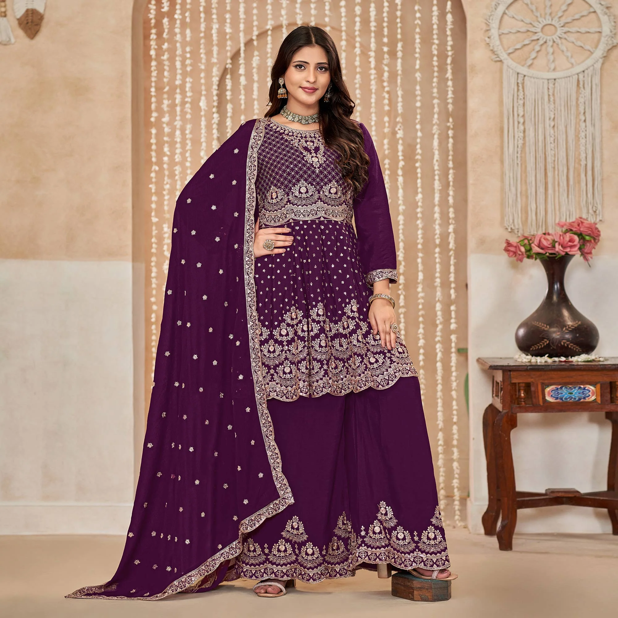 Purple Floral Sequins Embroidered Chinon Semi Stitched Sharara Suit - Image 2