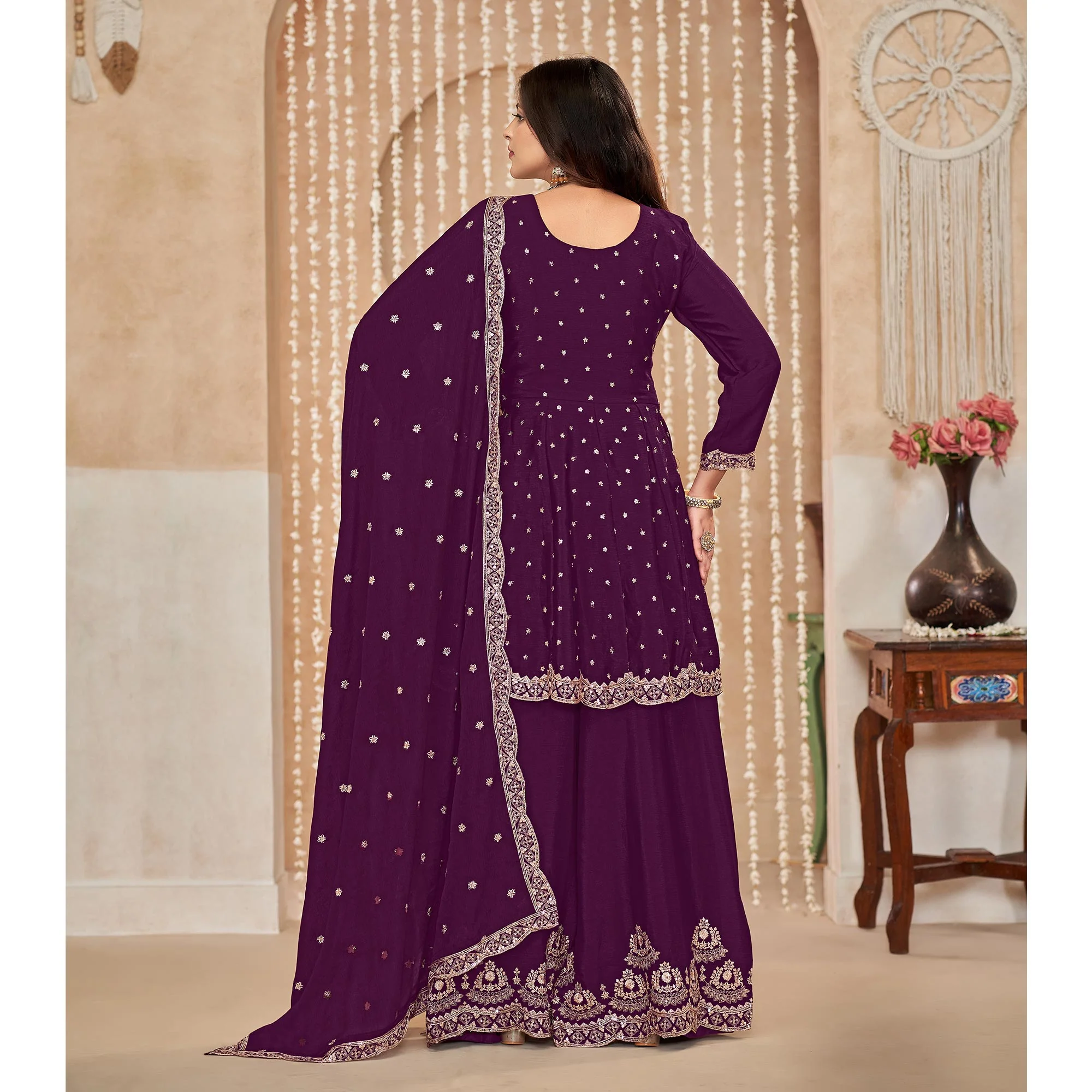 Purple Floral Sequins Embroidered Chinon Semi Stitched Sharara Suit - Image 5