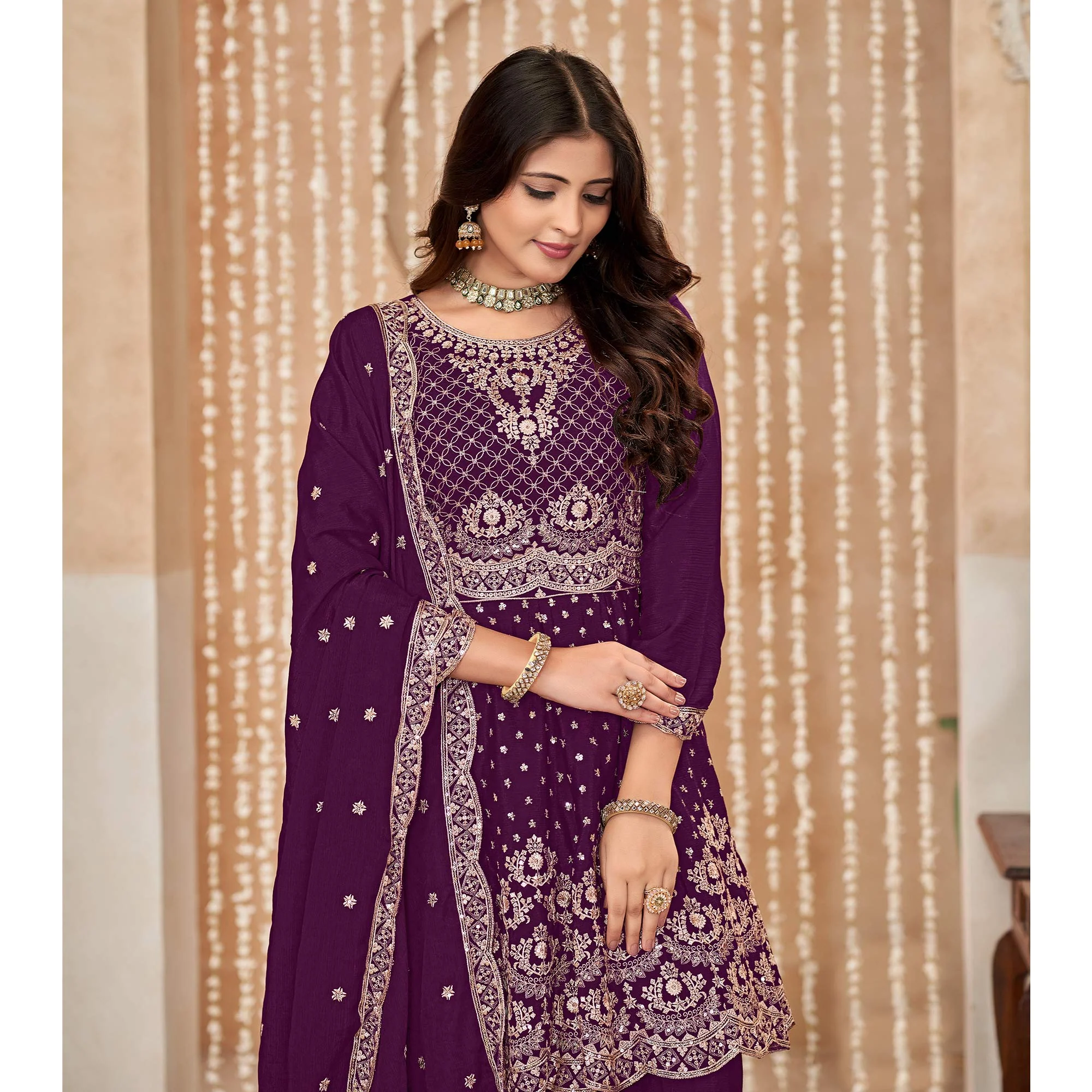 Purple Floral Sequins Embroidered Chinon Semi Stitched Sharara Suit - Image 6