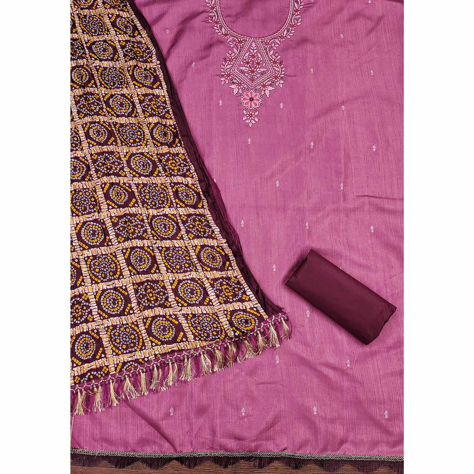 Purple Floral Sequins Embroidered Cotton Silk Dress Material - Image 4