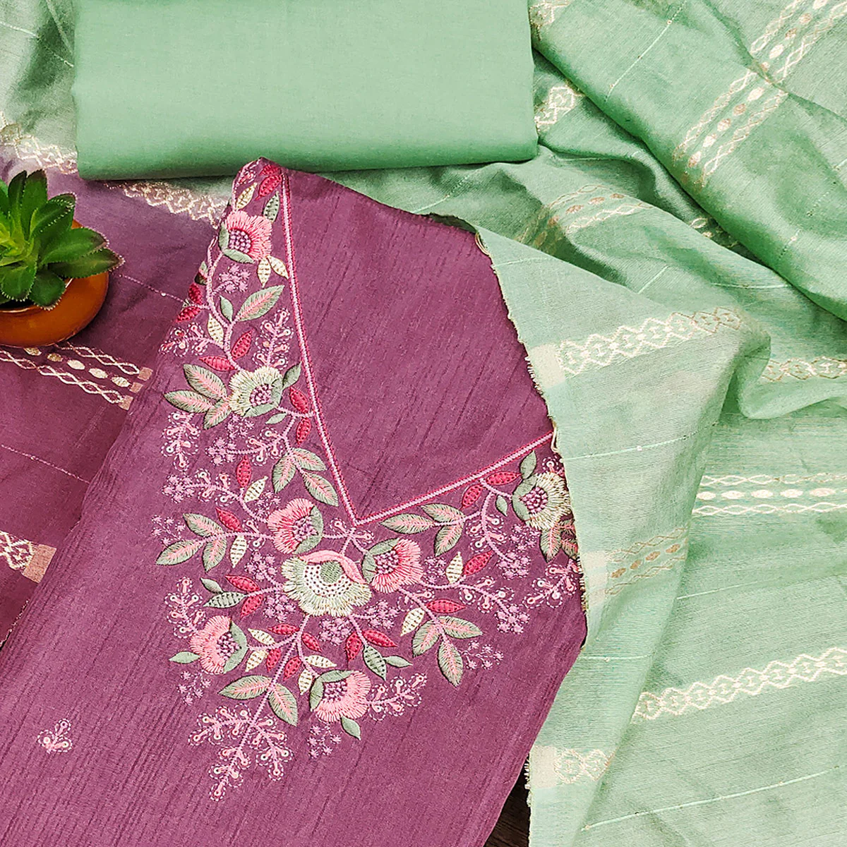 Purple Floral Sequins Embroidered Cotton Silk Dress Material - Image 2