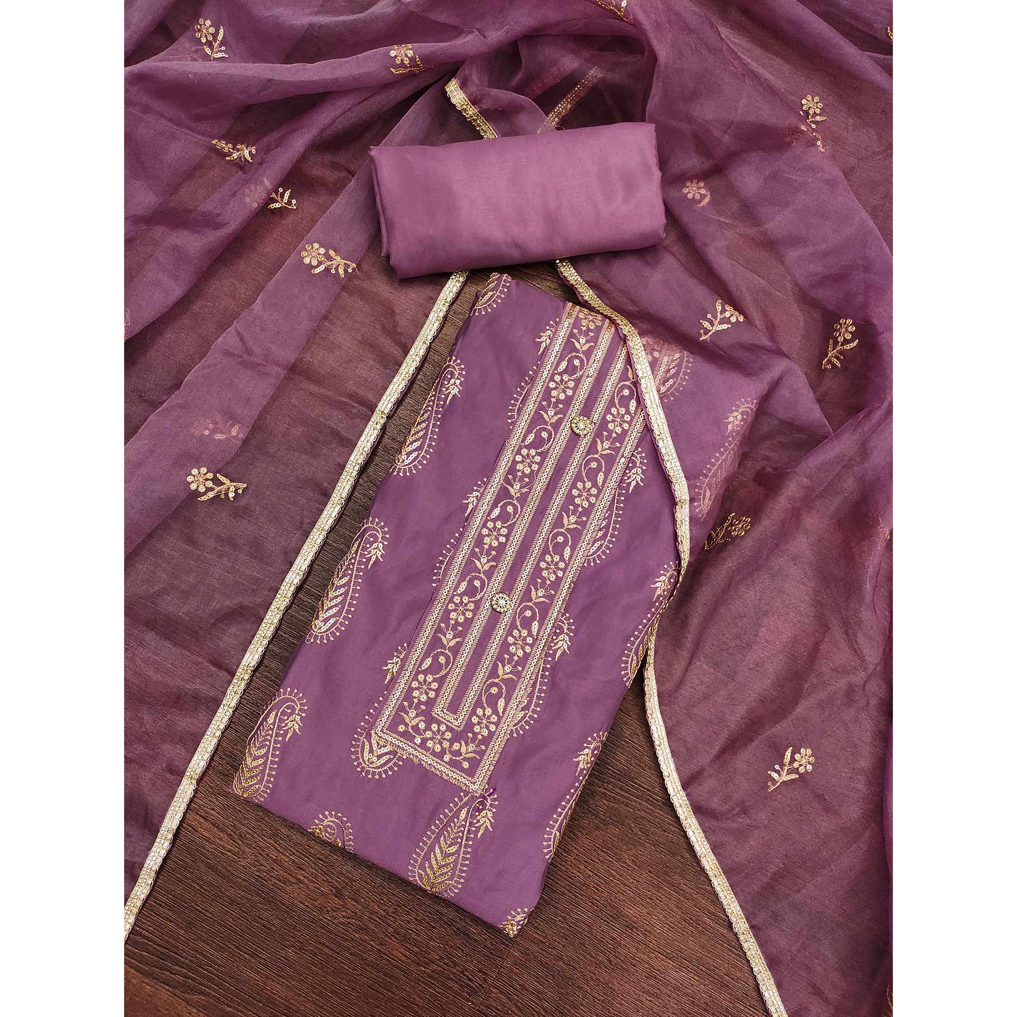 Purple Floral Sequins Embroidered Cotton Silk Dress Material - Image 3