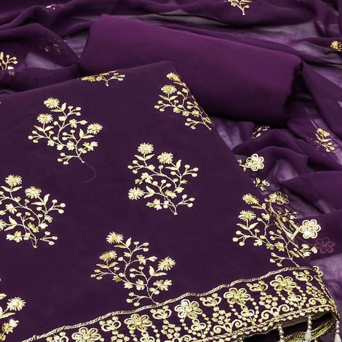 Purple Floral Sequins Embroidered Georgette Dress Material - Image 2