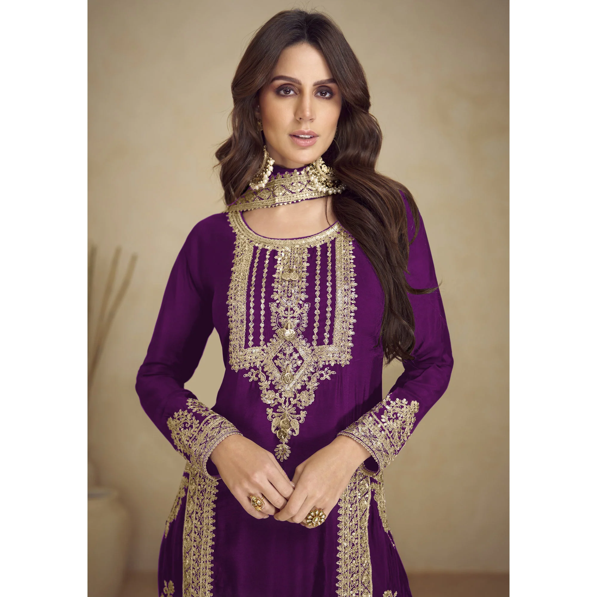 Purple Floral Sequins Embroidered Georgette Semi Stitched Salwar Suit - Image 4