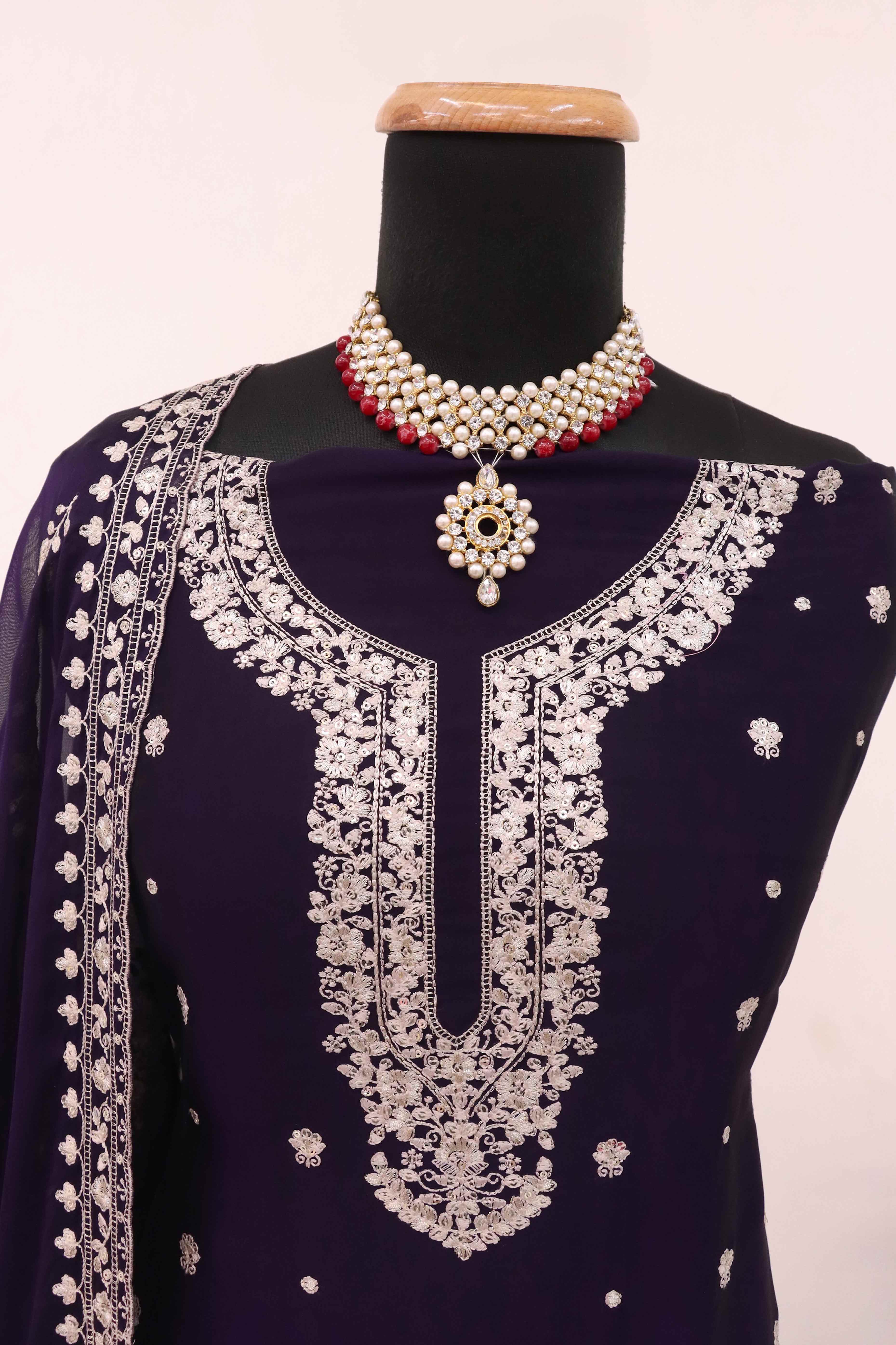 Purple Floral Sequins Embroidered Satin Silk Semi Stitched Suit - Image 5