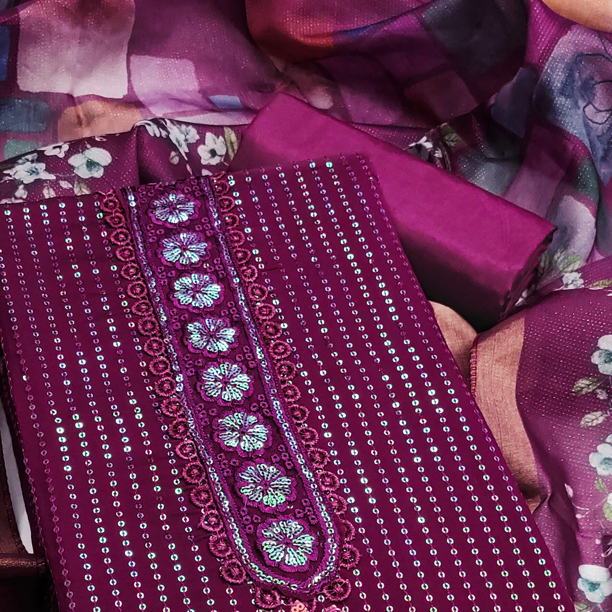 Purple Floral Sequins Embroidery Cotton Roman Silk Dress Material - Image 2