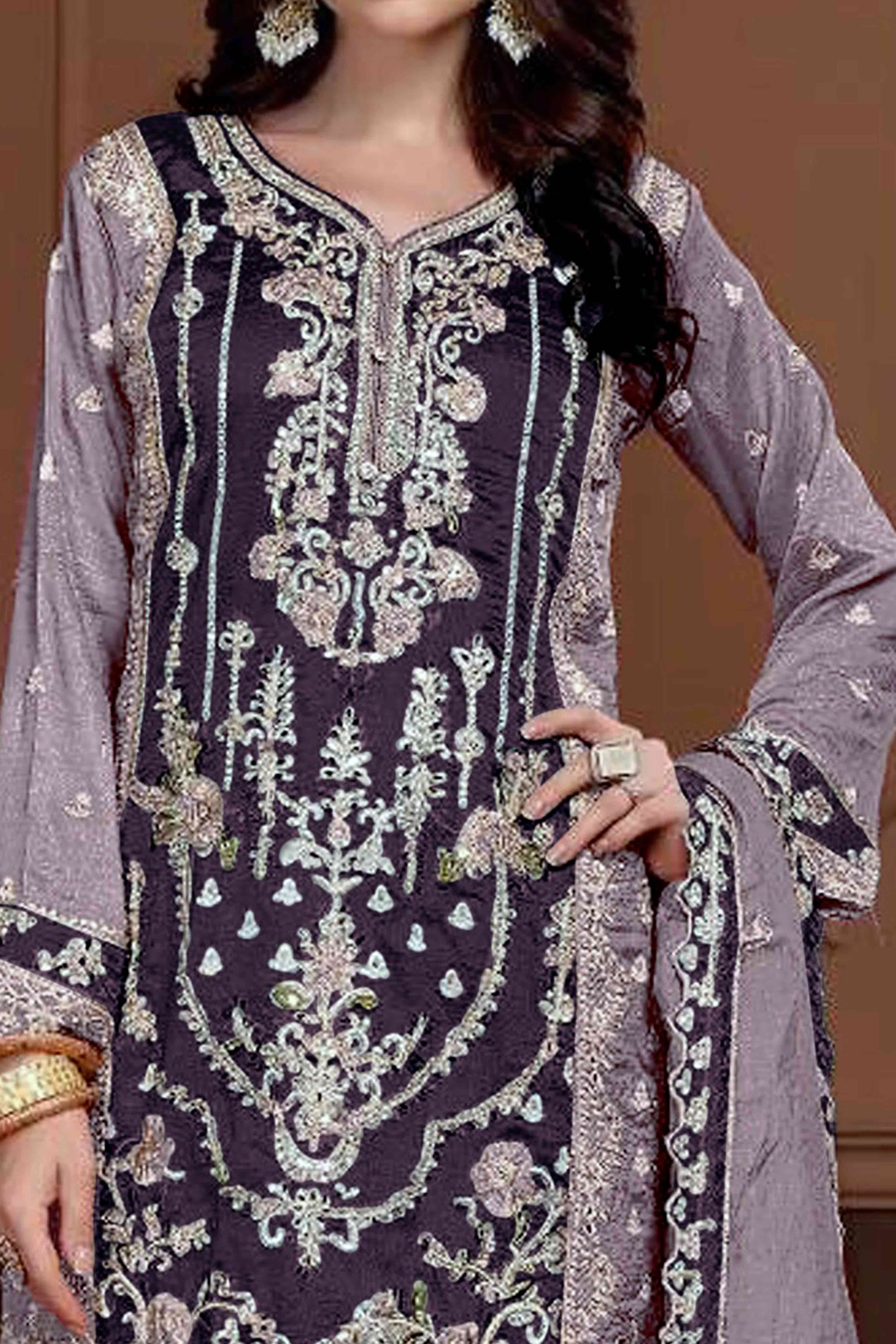 Purple Floral Sequins Embroidery Vichitra Silk Semi Stitched Pakistani Suit - Image 2