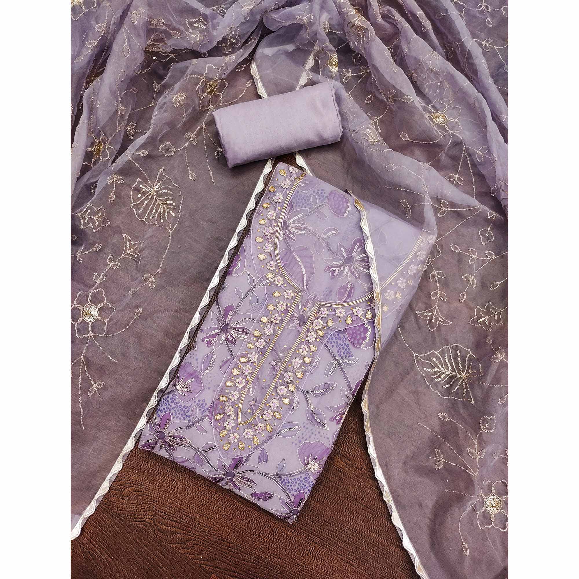 Purple Floral Sequins Embroidery With Handwork Organza Dress Material - Image 3
