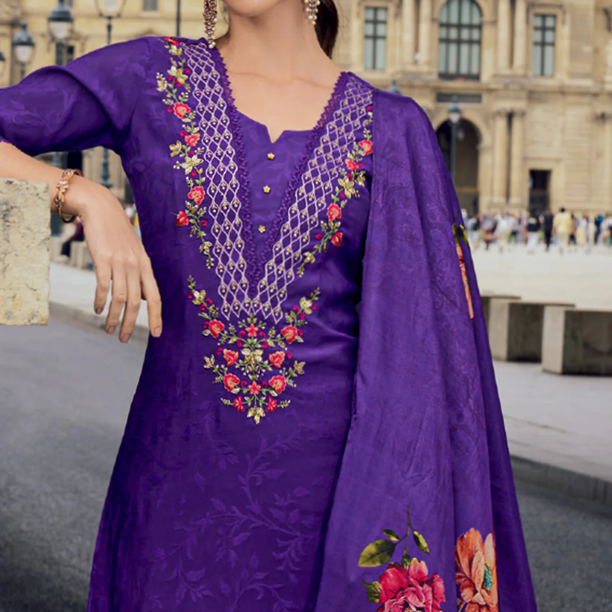 Purple Floral Sequins Embroidery With Handwork Viscose Salwar Suit - Image 3