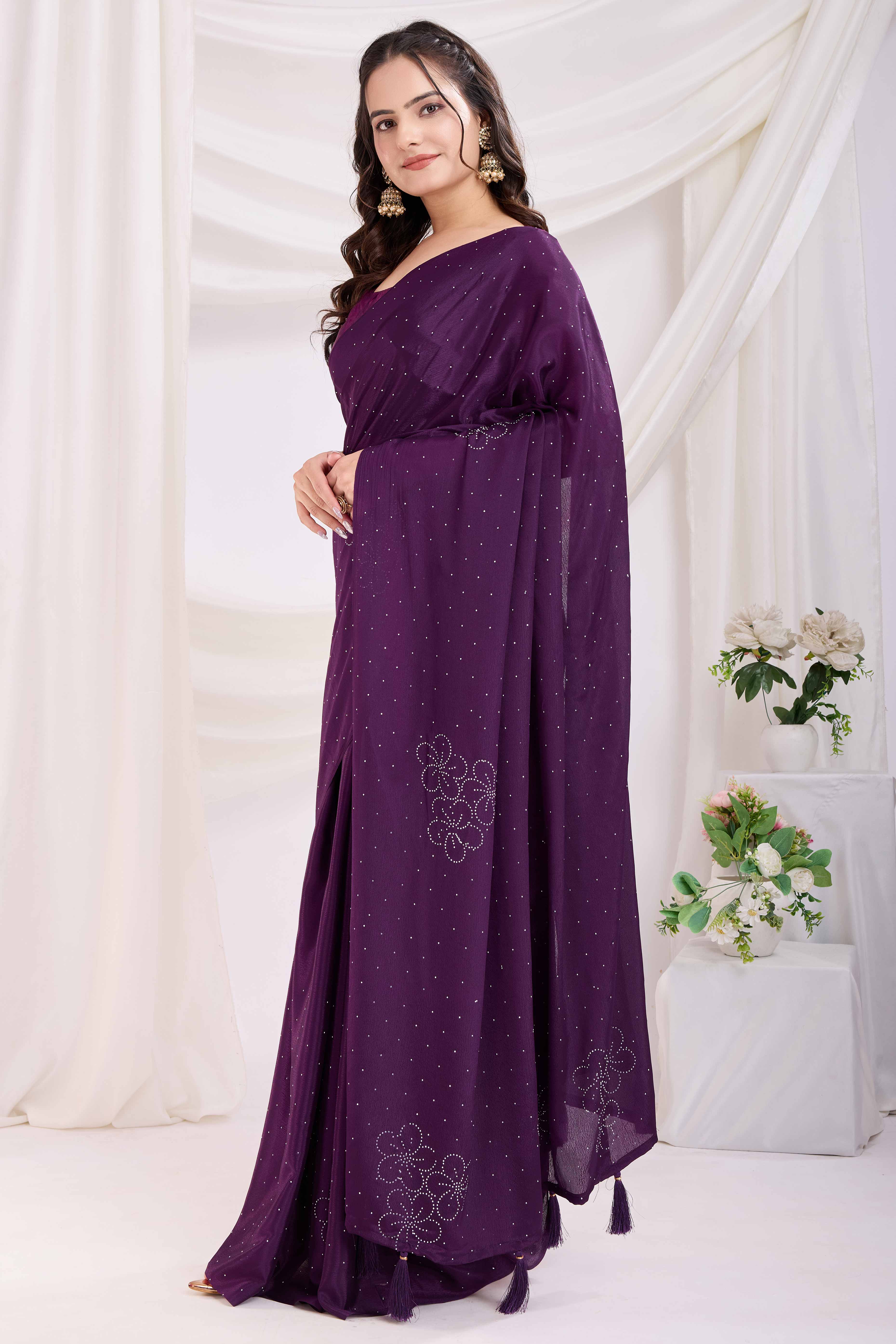 Purple Floral Swarovski Work Rangoli Art Silk Ready To Wear Saree - Image 3