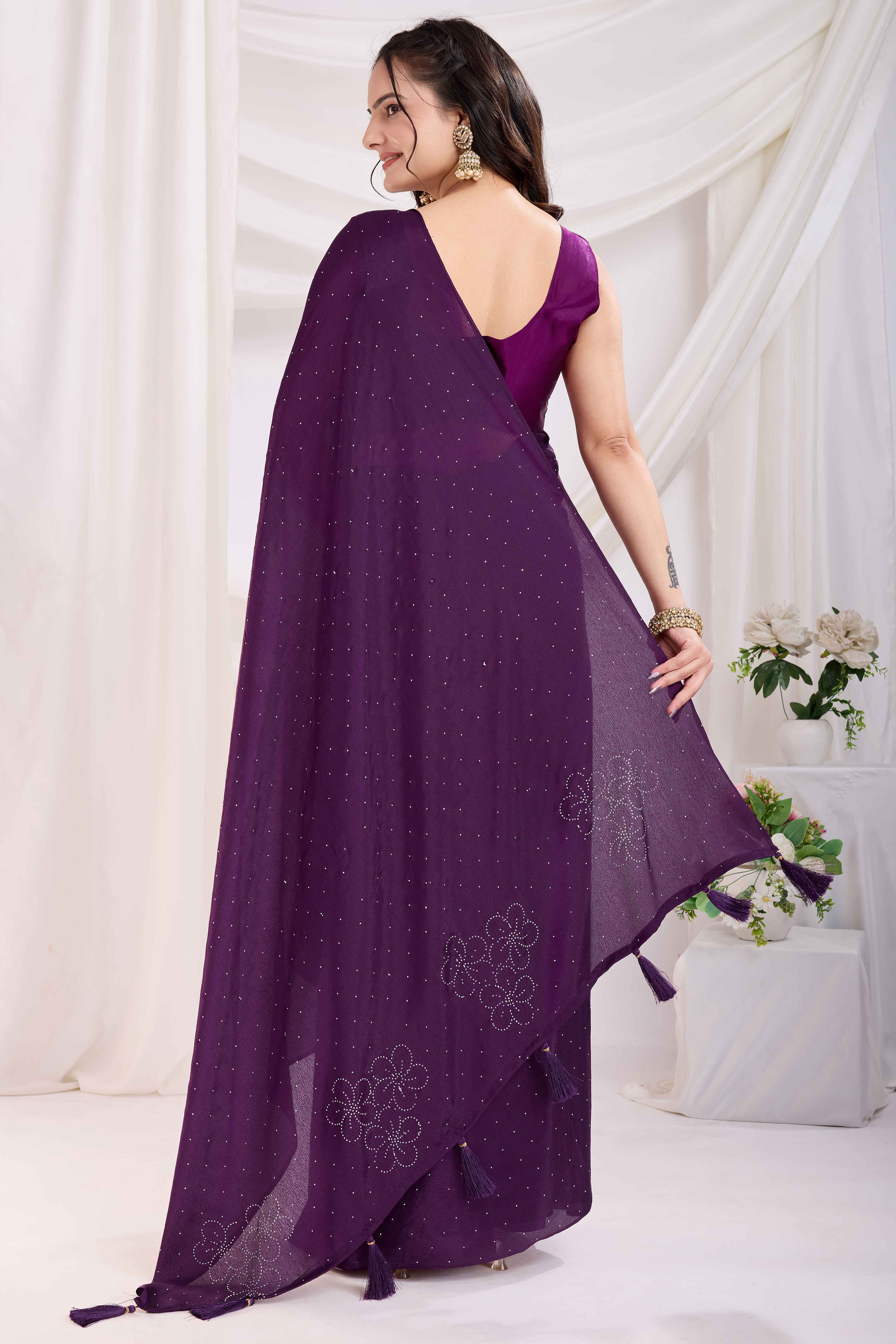 Purple Floral Swarovski Work Rangoli Art Silk Ready To Wear Saree - Image 4