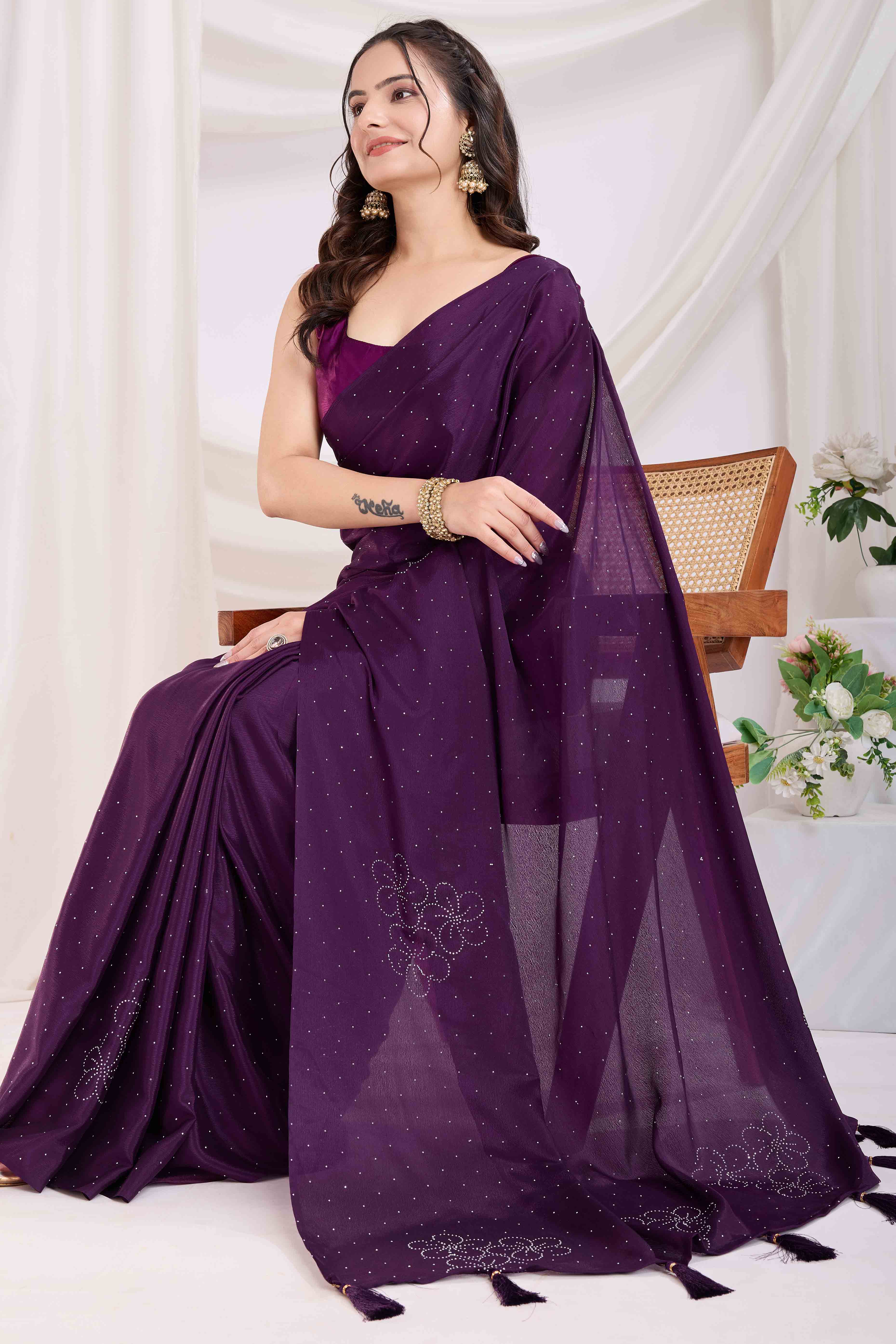 Purple Floral Swarovski Work Rangoli Art Silk Ready To Wear Saree - Image 5