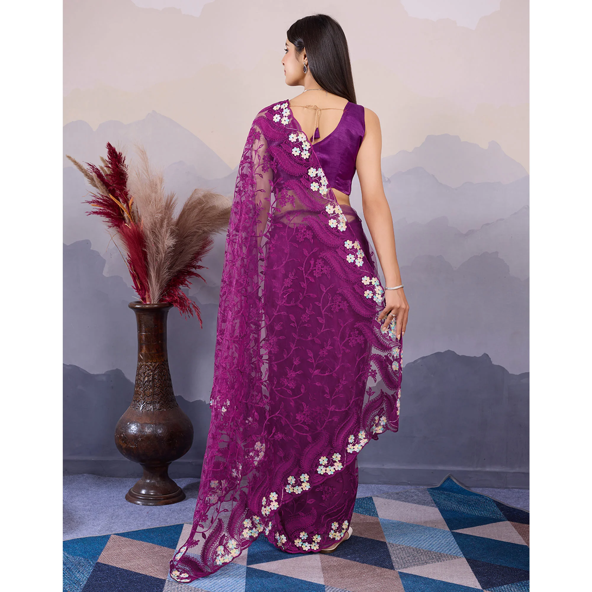 Purple Floral Thread Embroidered Net Saree - Image 6