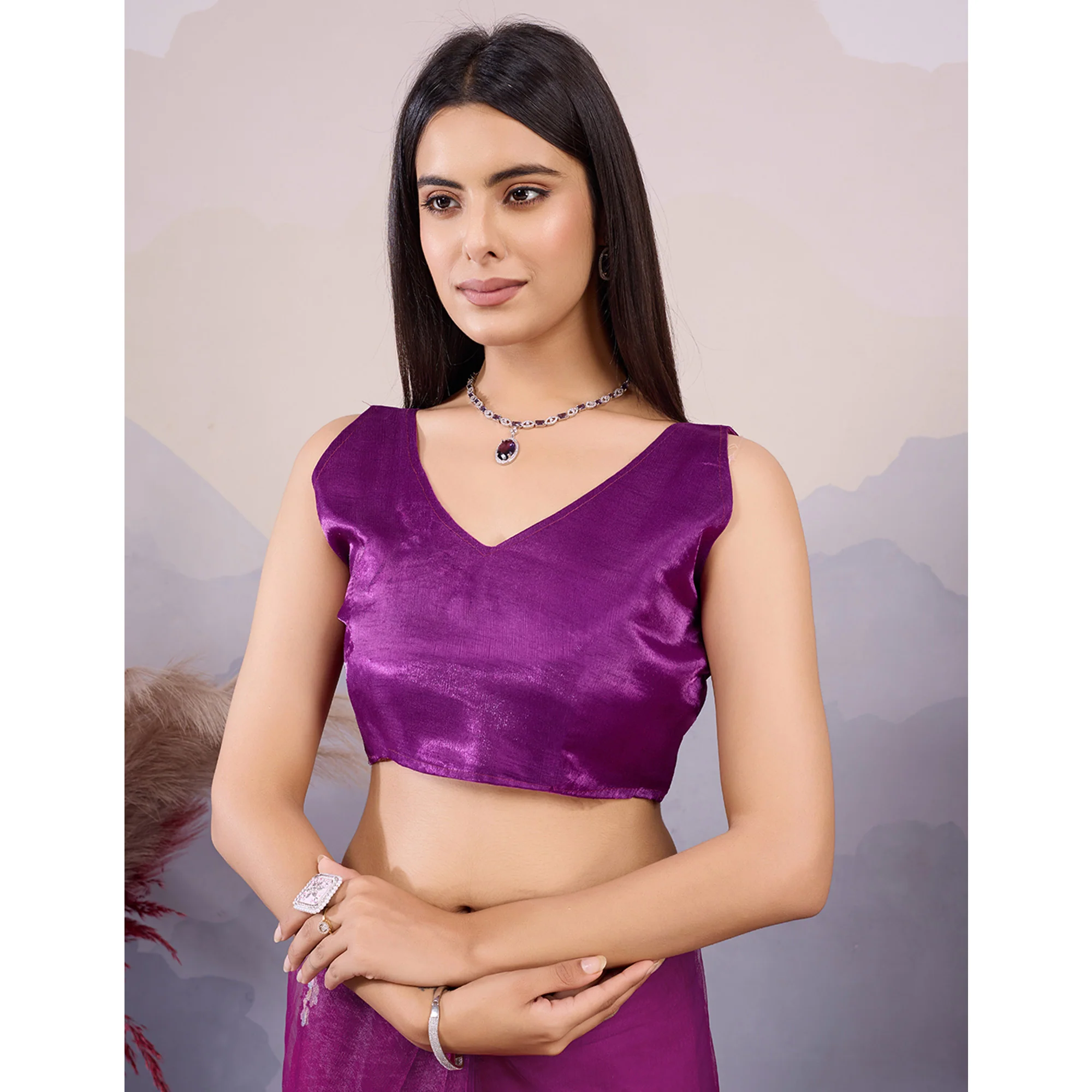 Purple Floral Thread Embroidered Net Saree - Image 8