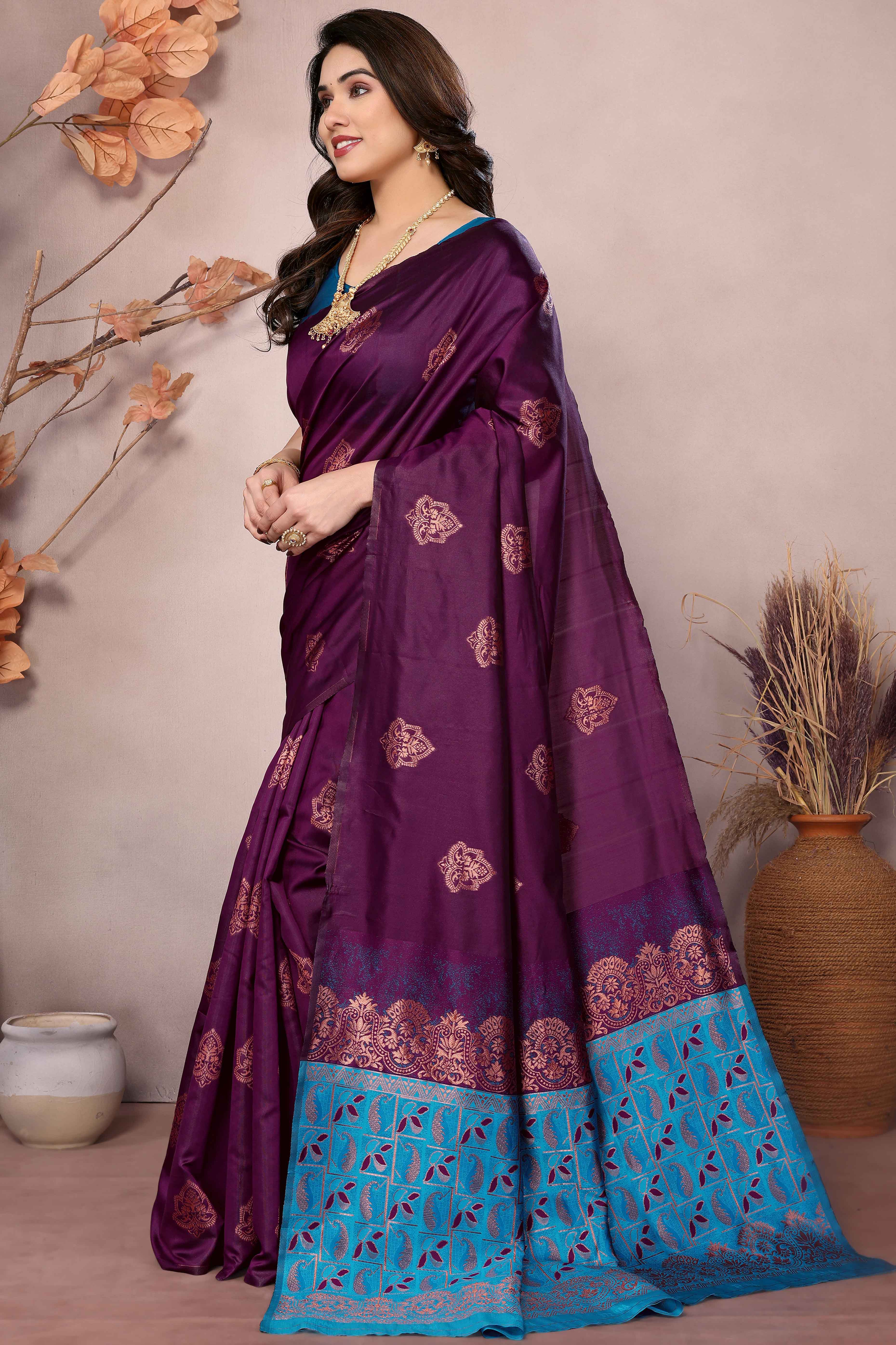 Purple Floral Woven Banarasi Silk Saree - Image 4