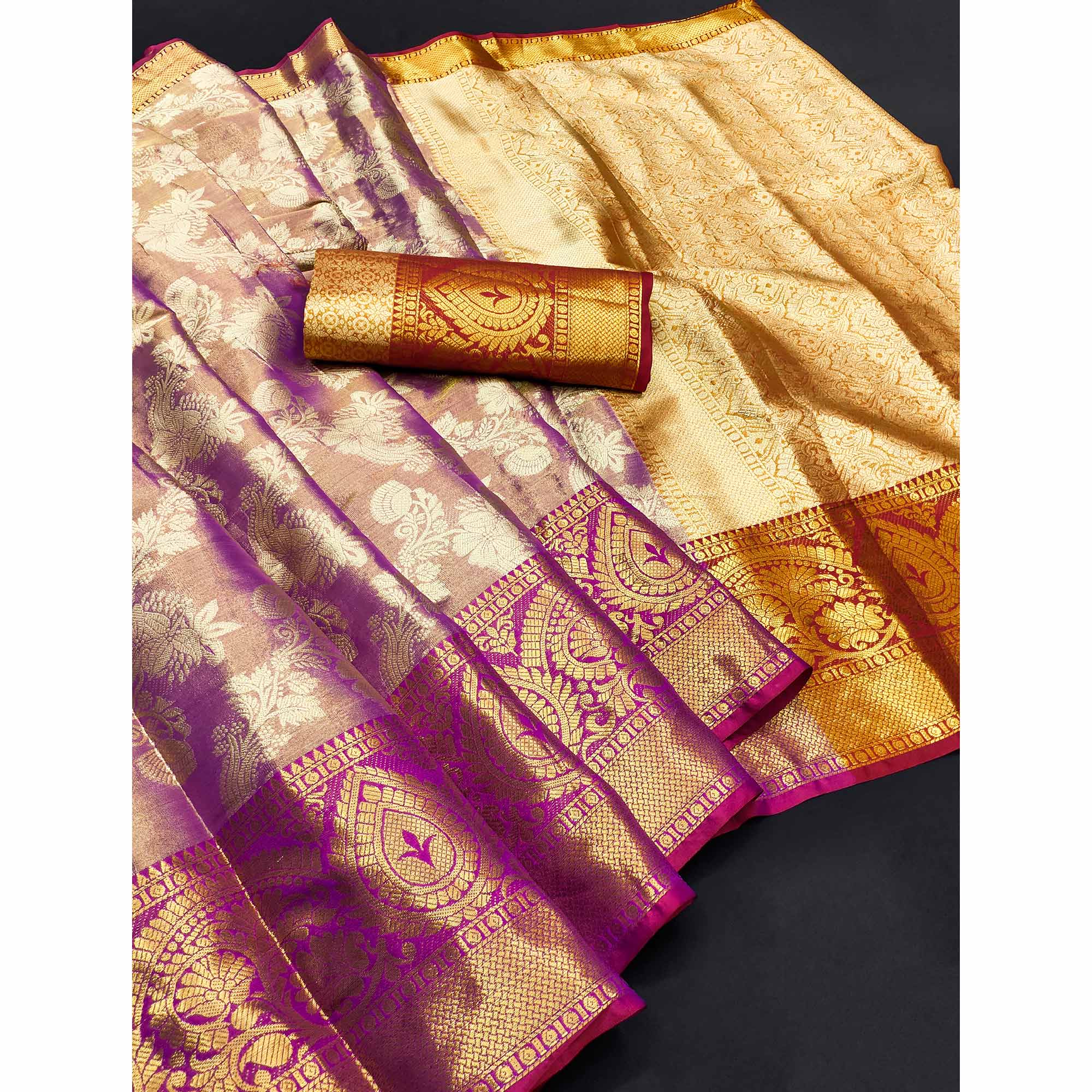 Purple Floral Woven Banarasi Silk Saree - Image 3