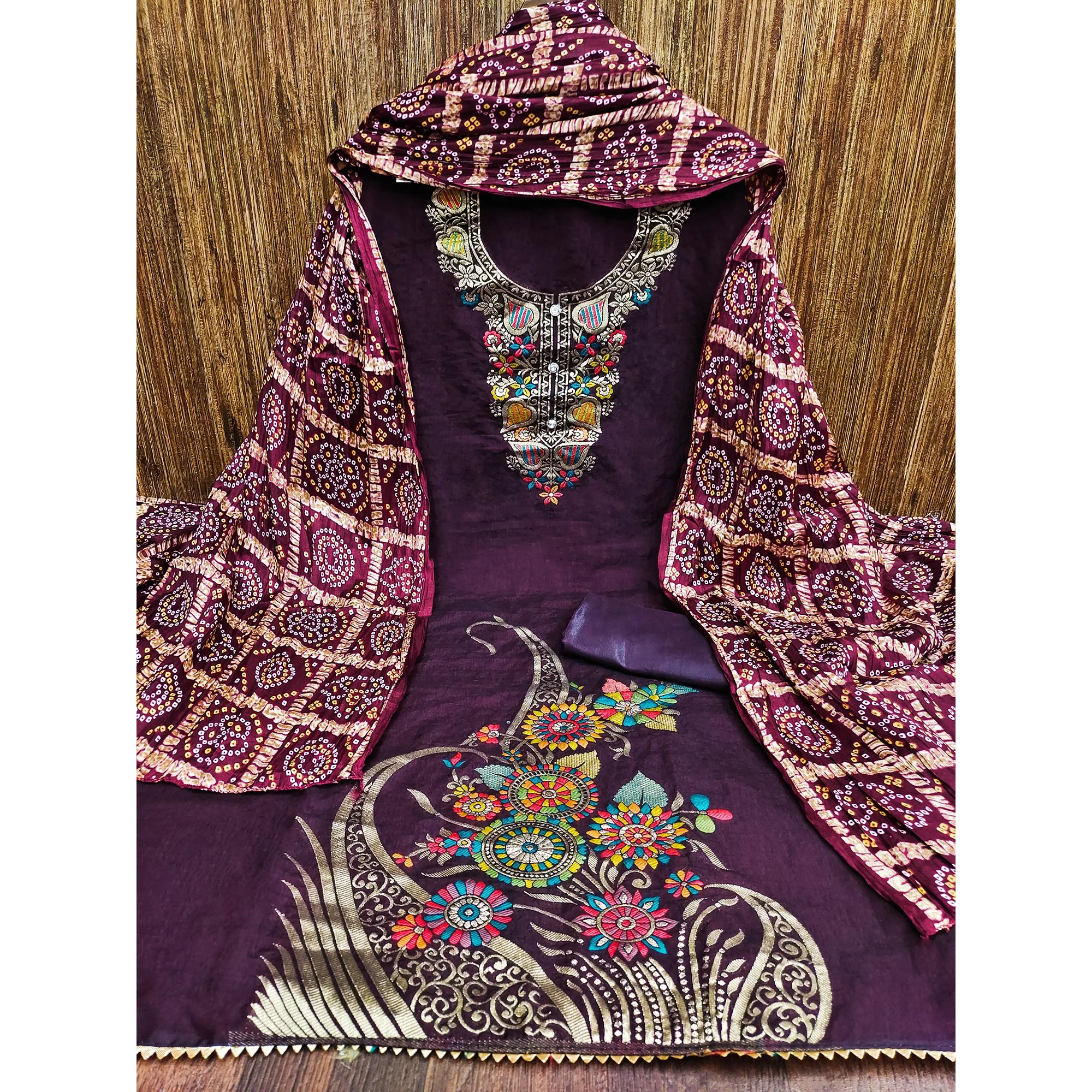 Purple Floral Woven Chanderi Jacquard Dress Material - Image 3