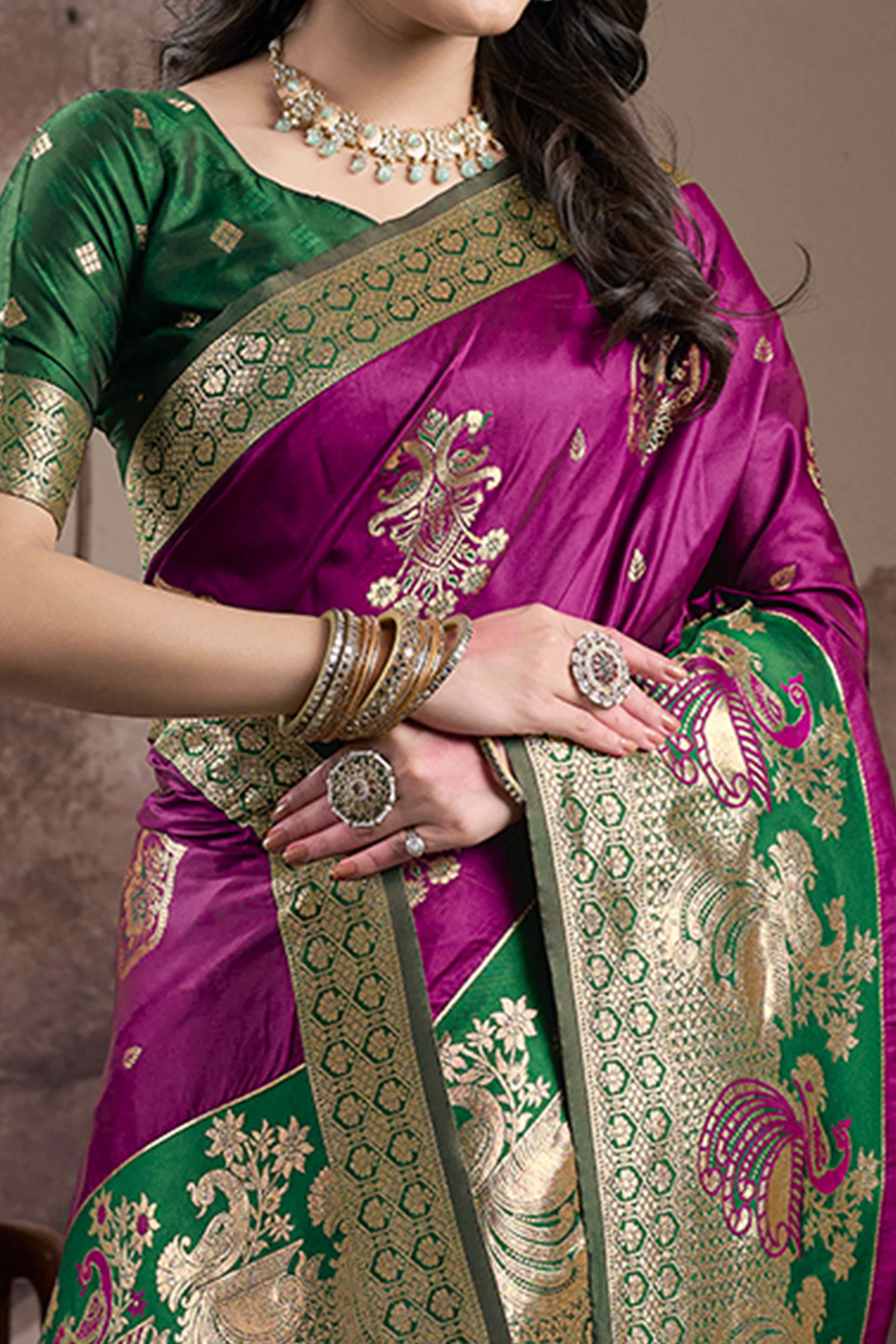 Purple Floral Woven Jacquard Silk Saree - Image 2
