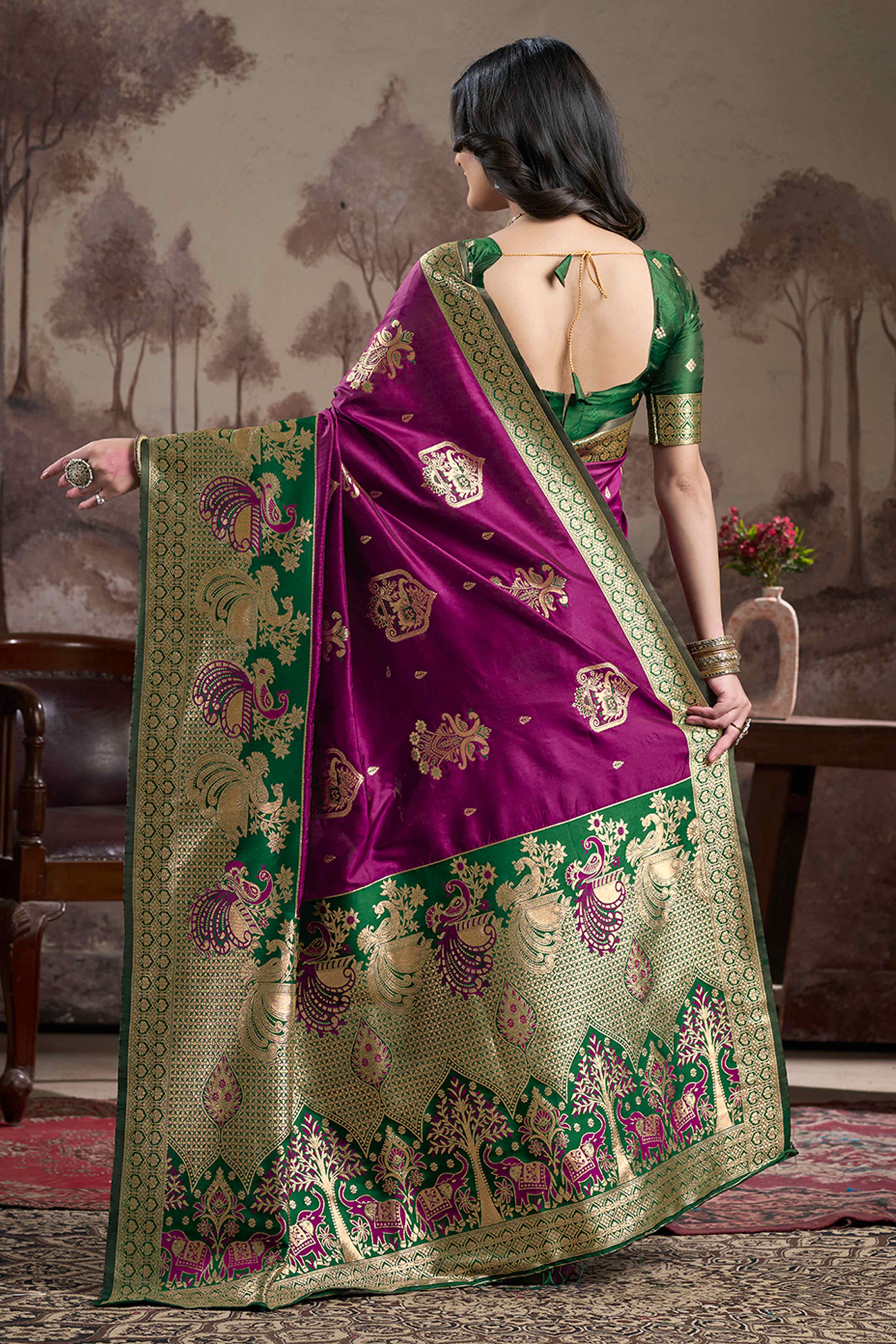Purple Floral Woven Jacquard Silk Saree - Image 5