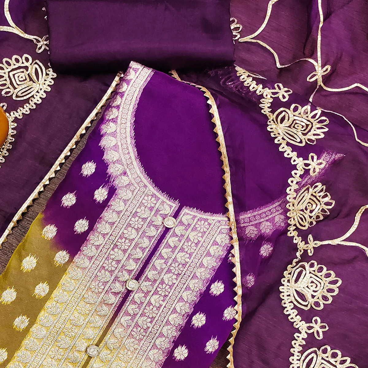 Purple Floral Woven Organza Jacquard Dress Material - Image 2