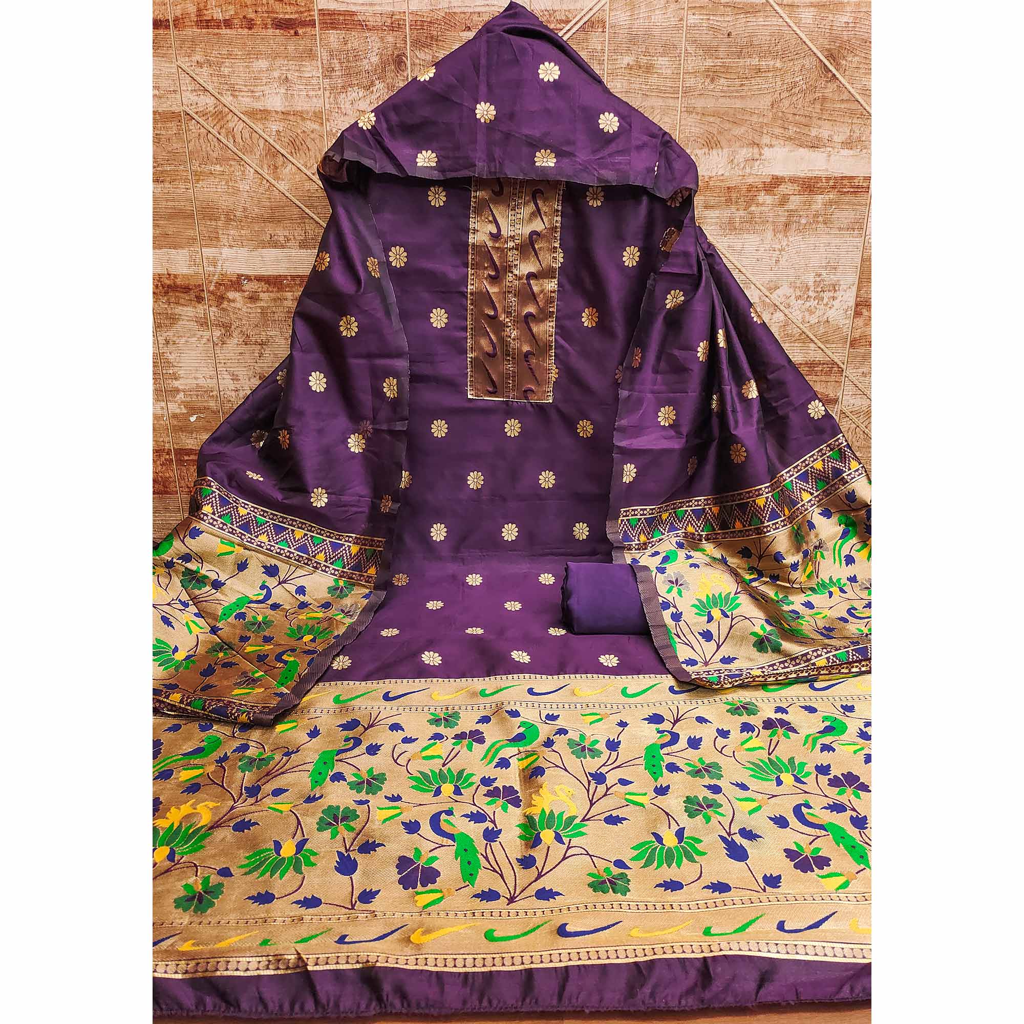Purple Floral Woven Paithani Banarasi Silk Dress Material - Image 3