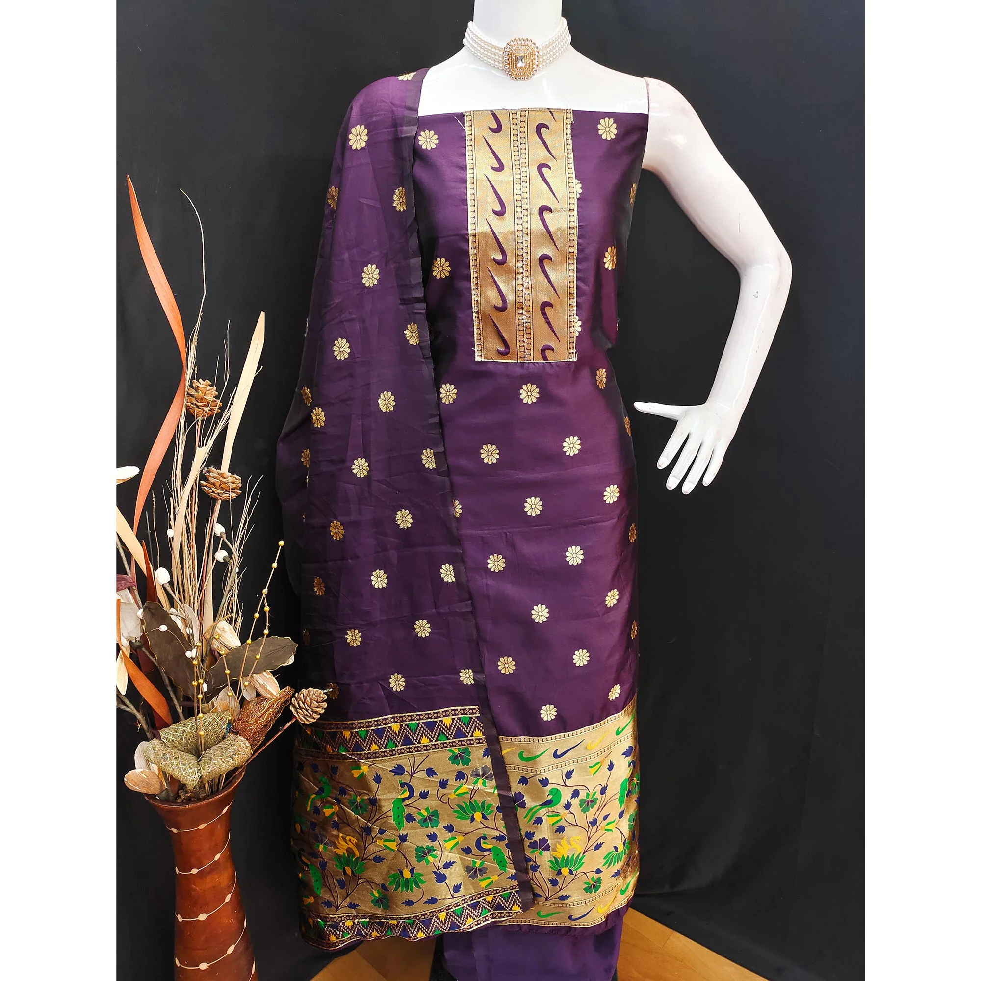 Purple Floral Woven Paithani Banarasi Silk Dress Material - Image 4