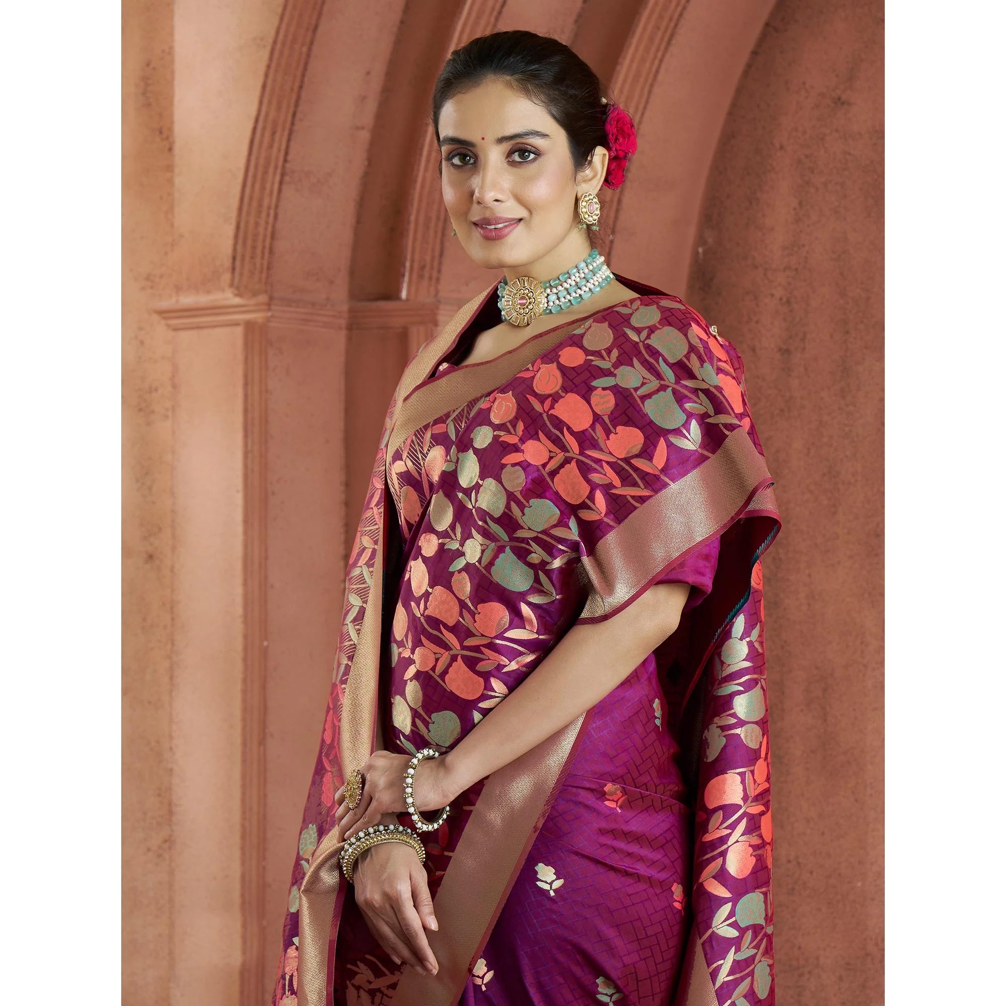 Purple Floral Woven Pure Banarasi Silk Saree - Image 6